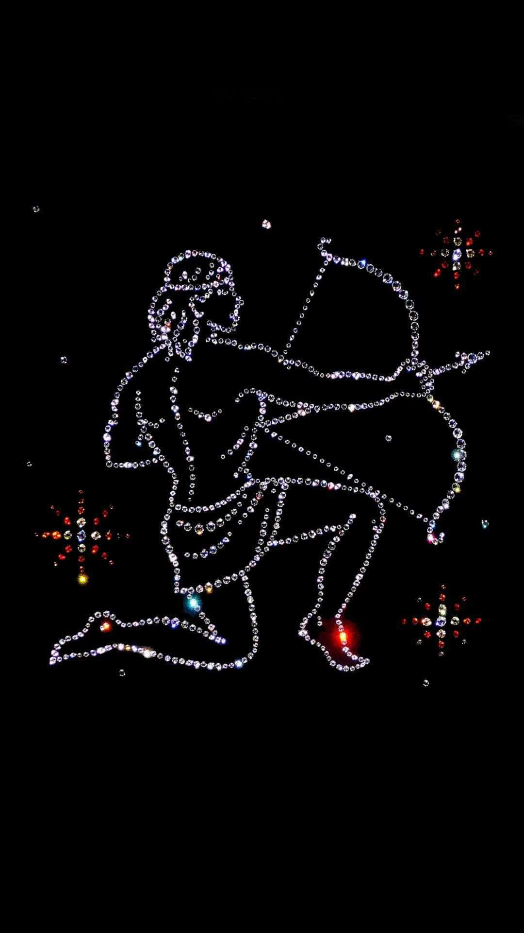 sagittarius 桌布 壁紙 — 一個閃爍的射手座星座圖案，用閃亮的水晶繪製在黑色背景上，並帶有色彩繽紛的星爆。