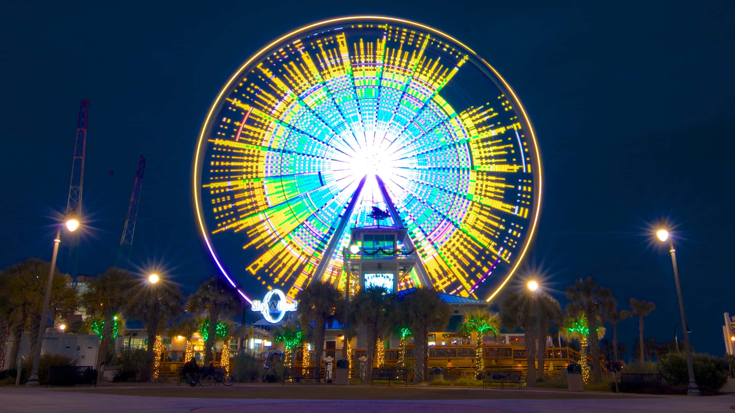 Myrtle Beach 桌布 壁紙 — 一個閃爍的摩天輪在深邃的夜空下散發出彩虹色彩，周圍環繞著棕櫚樹和發光的街燈。