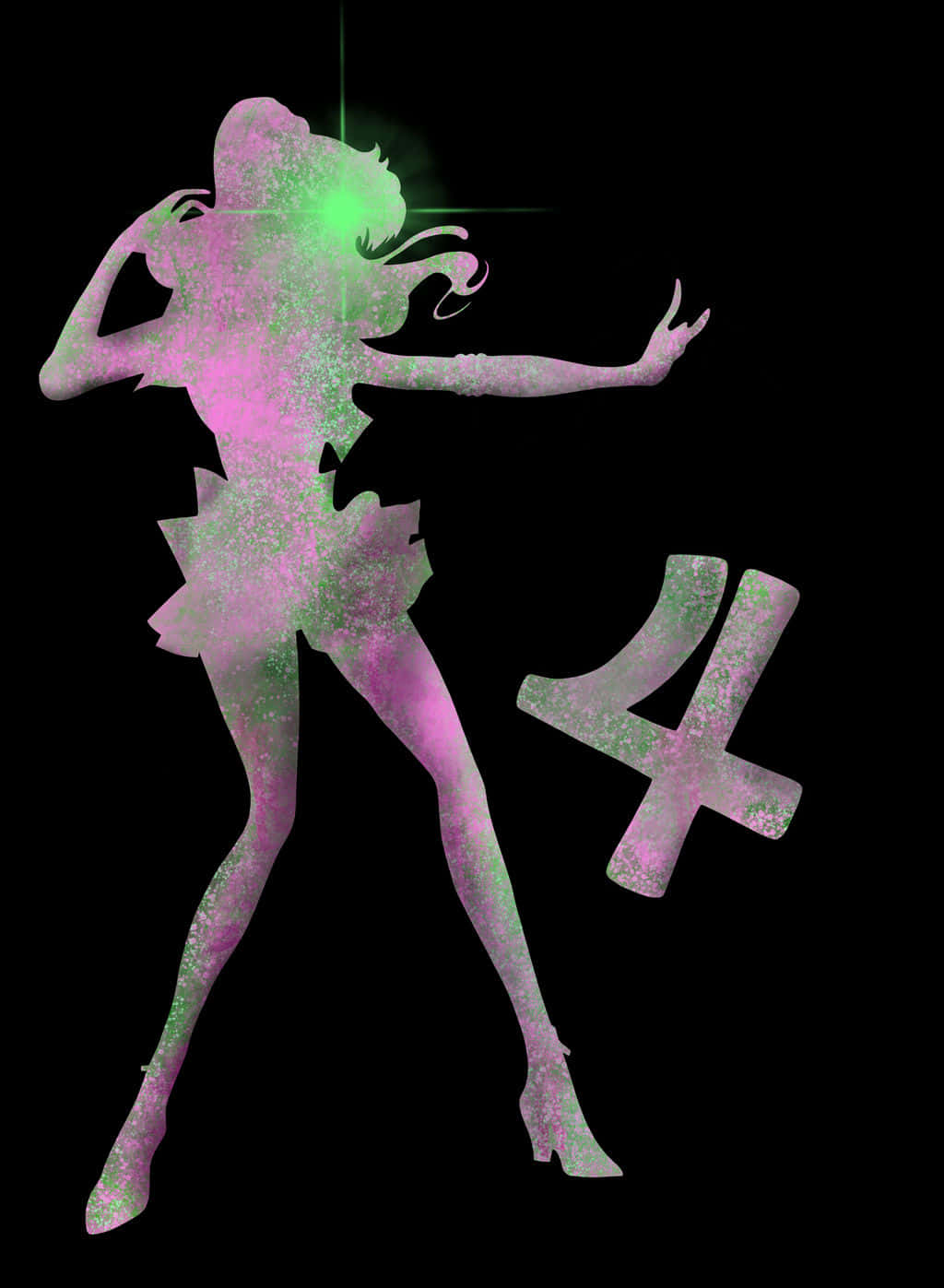 sailor jupiter 桌布 壁紙 — 一個閃爍的粉紅色和綠色剪影，描繪一個動感女性形象，擁有飄逸的頭髮，旁邊有一個大數字四，背景為黑色。