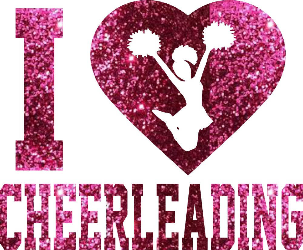 Cheerleader 桌布 壁紙 — 一個閃爍的粉紅色心形，帶有白色啦啦隊員剪影手持彩球，兩側以匹配的閃爍字體寫有「I」和「CHEERLEADING」。