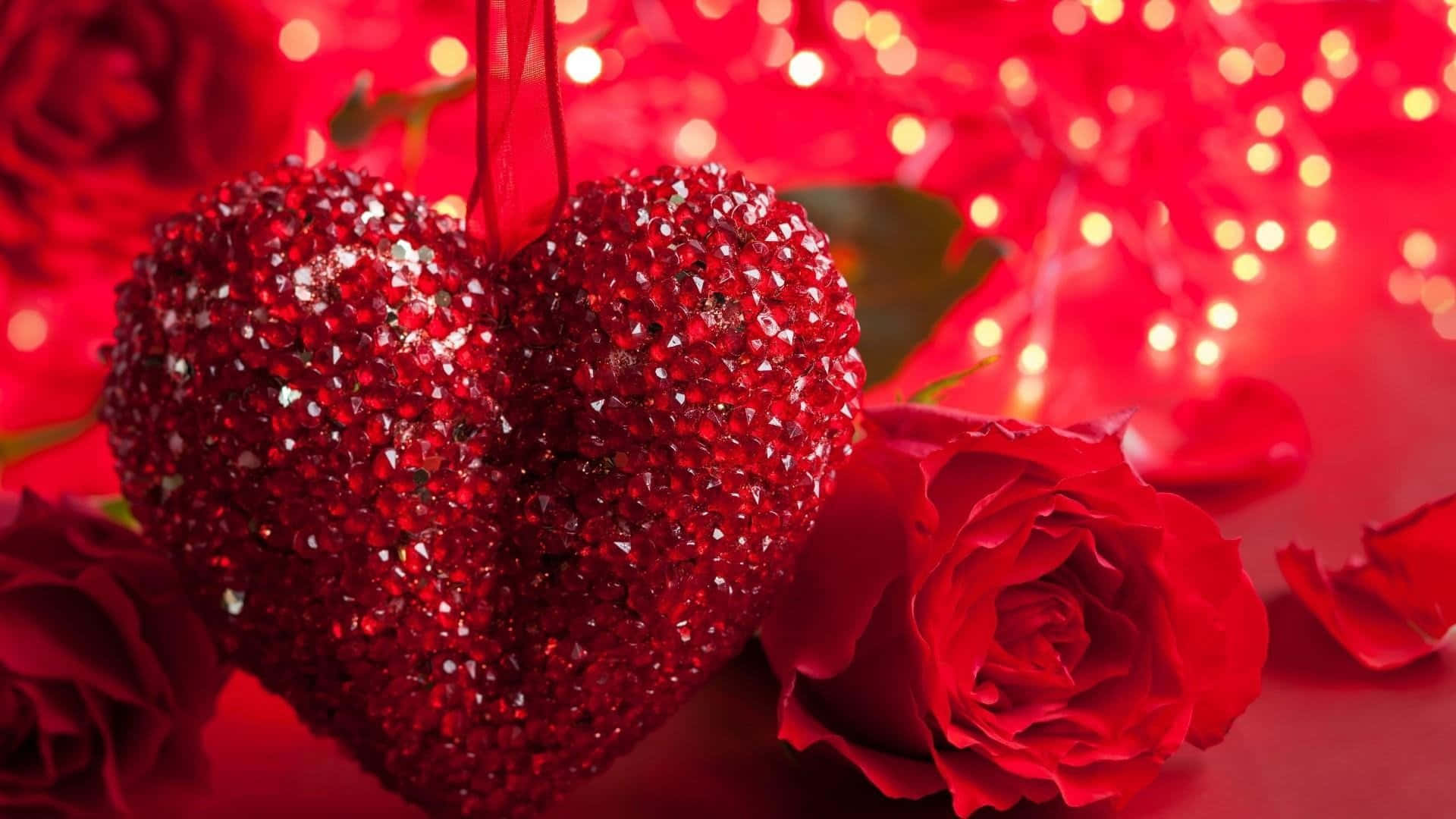 Red Heart 桌布 壁紙 — 一個閃爍的紅色心形裝飾掛在深紅玫瑰旁邊，背景是溫暖燈光的散景效果。
