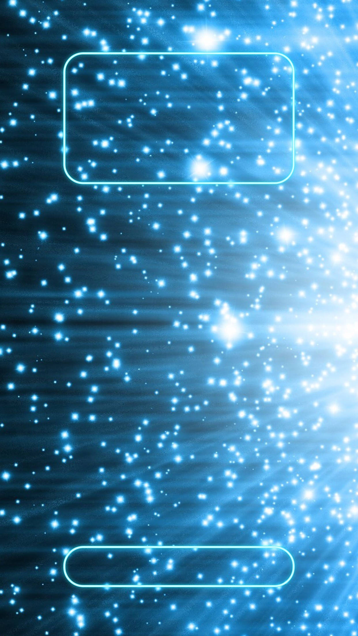 blue space phone 桌布 壁紙 — 一個閃爍的藍色宇宙場景，帶有發光粒子和發光的矩形輪廓，暗示著未來主義的介面。