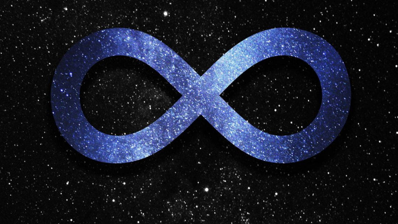 銀河 桌布 壁紙 — 一個閃爍的藍色無限符號漂浮在星光燦爛的宇宙黑色背景上。