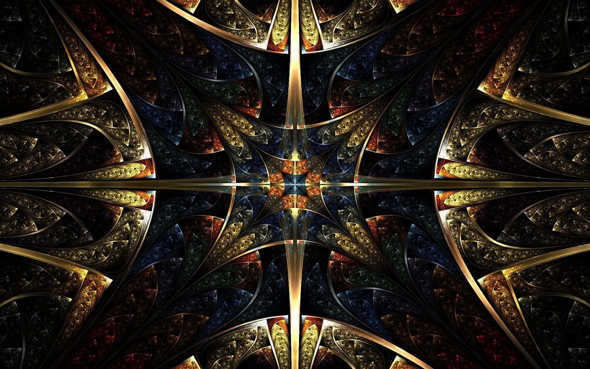 桌布 壁紙 — 一個閃爍的金色分形星爆從中心點向深藍色和黑色背景放射，帶有複雜的金屬圖案。