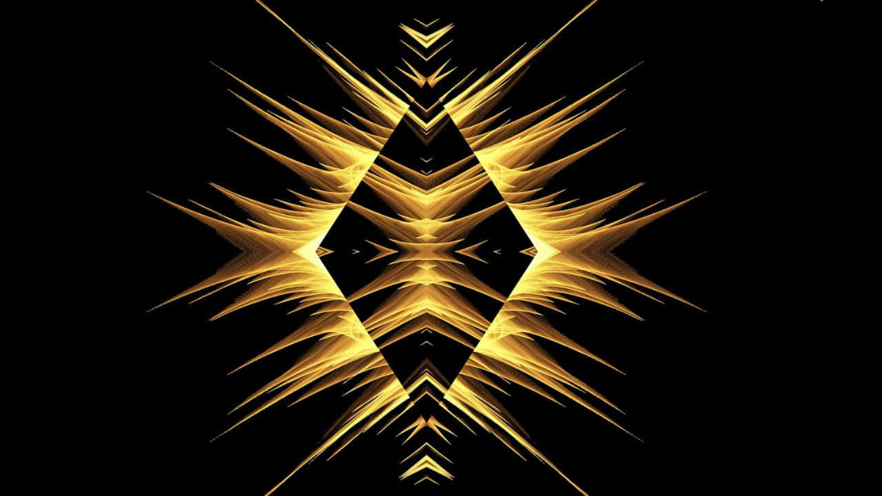 High Resolution Black And Gold 桌布 壁紙 — 一個閃爍的金色碎形圖案從中央鑽石向外輻射，在純黑背景上。