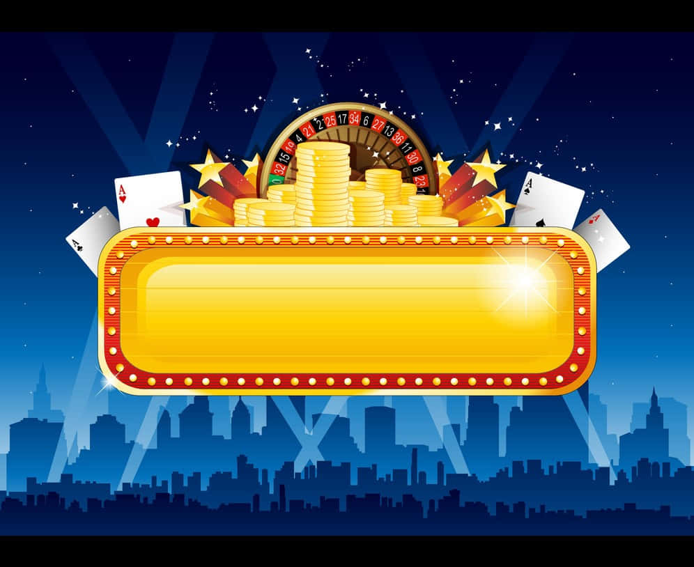Casino 桌布 壁紙 — 一個閃爍的金色賭場招牌，裝飾著撲克牌、硬幣和輪盤，背景是夜晚繁星點點的城市天際線。