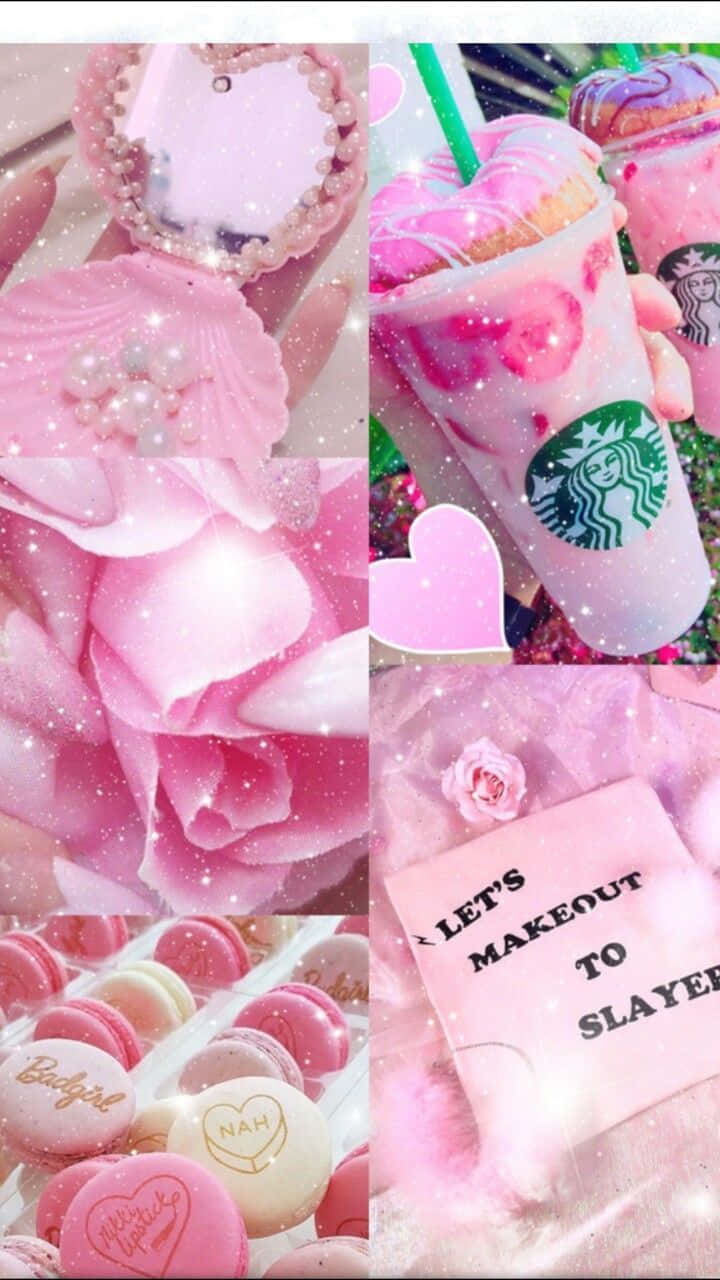 Aesthetic Starbucks 桌布 壁紙 — 一個閃粉粉紅拼貼，包含星巴克飲品、馬卡龍、玫瑰和一張寫著「讓我們接吻」的便條，呈現甜美浪漫美學。