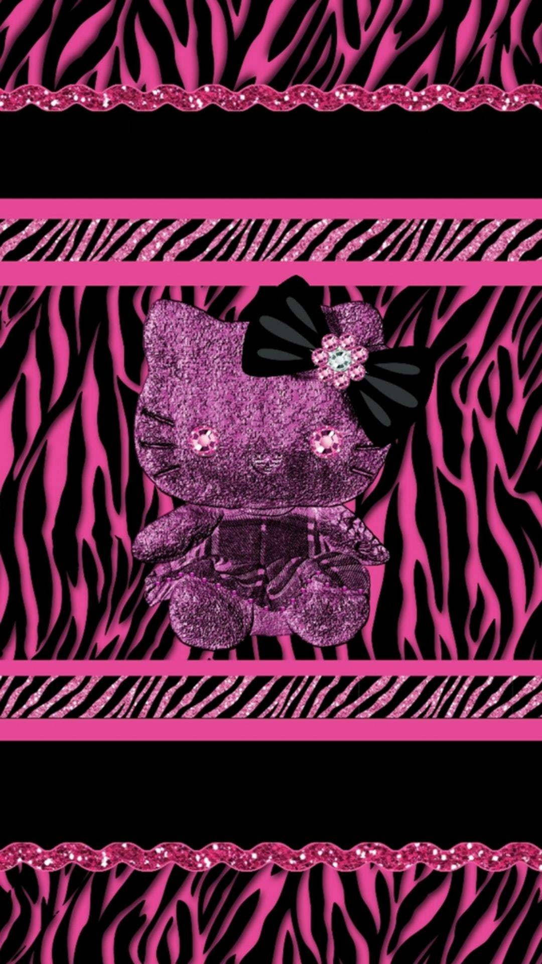 Kitty 桌布 壁紙 — 一個閃粉粉紅色Hello Kitty毛絨玩具，戴著黑色蝴蝶結，置於大膽的粉紅和黑色斑馬紋背景中央。