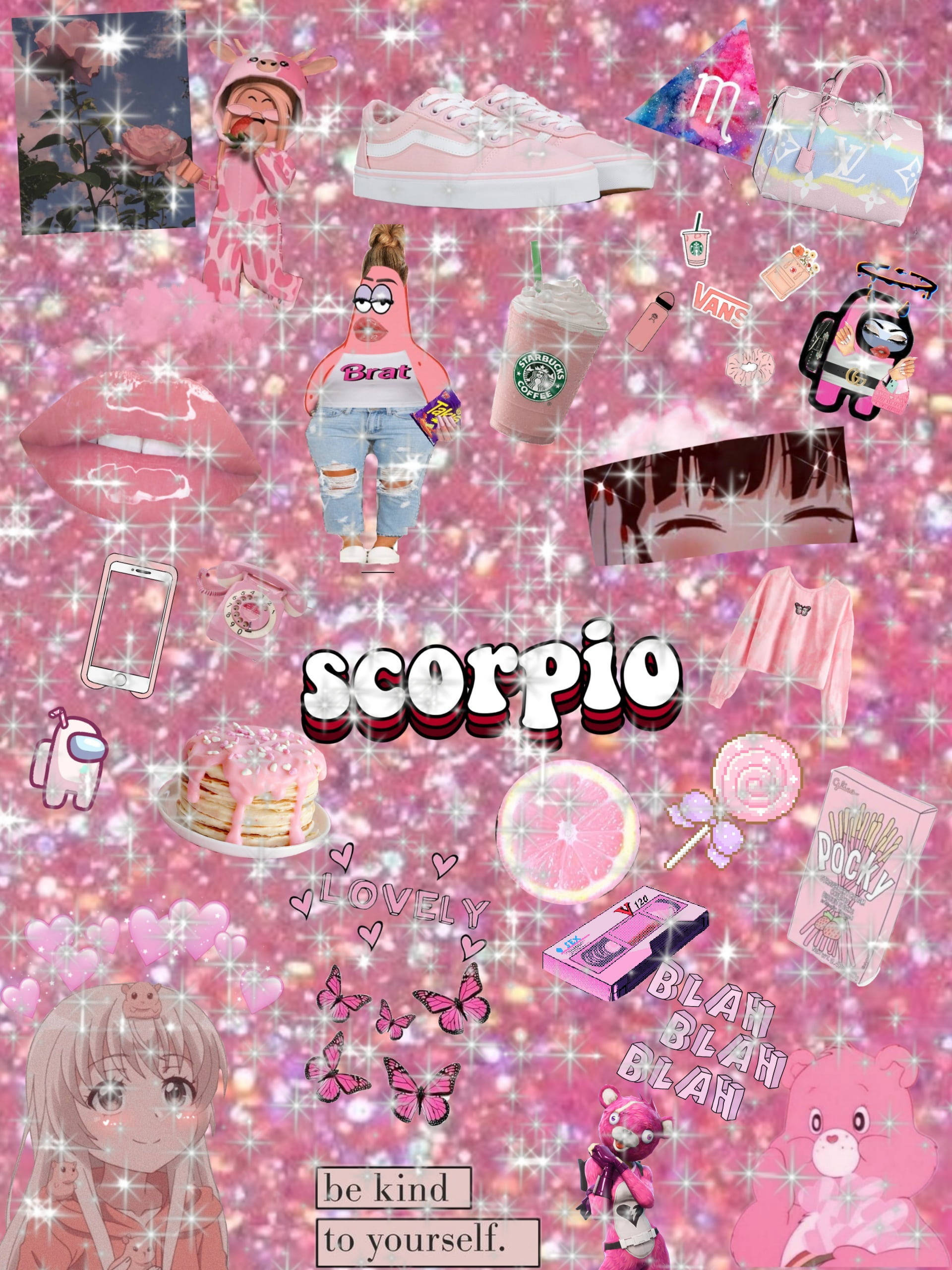 Scorpio 桌布 壁紙 — 一個閃粉粉紅色拼貼畫，以充滿活力的混亂風格排列著動漫角色、時尚物品和流行文化圖標。