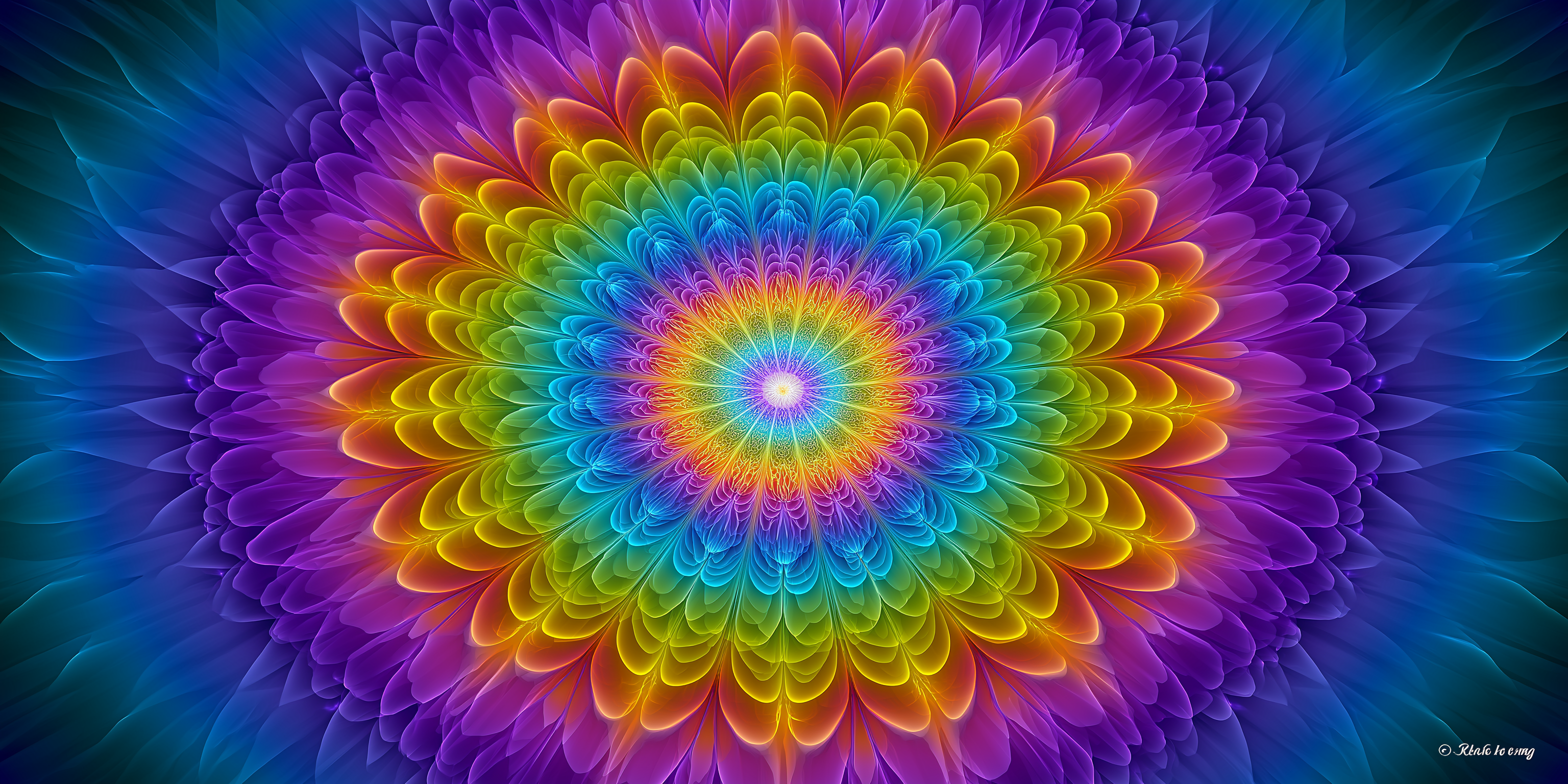 彩色動圖 桌布 壁紙 — 一個閃耀的分形曼陀羅在深藍色漸變背景上爆發出同心彩虹花瓣。