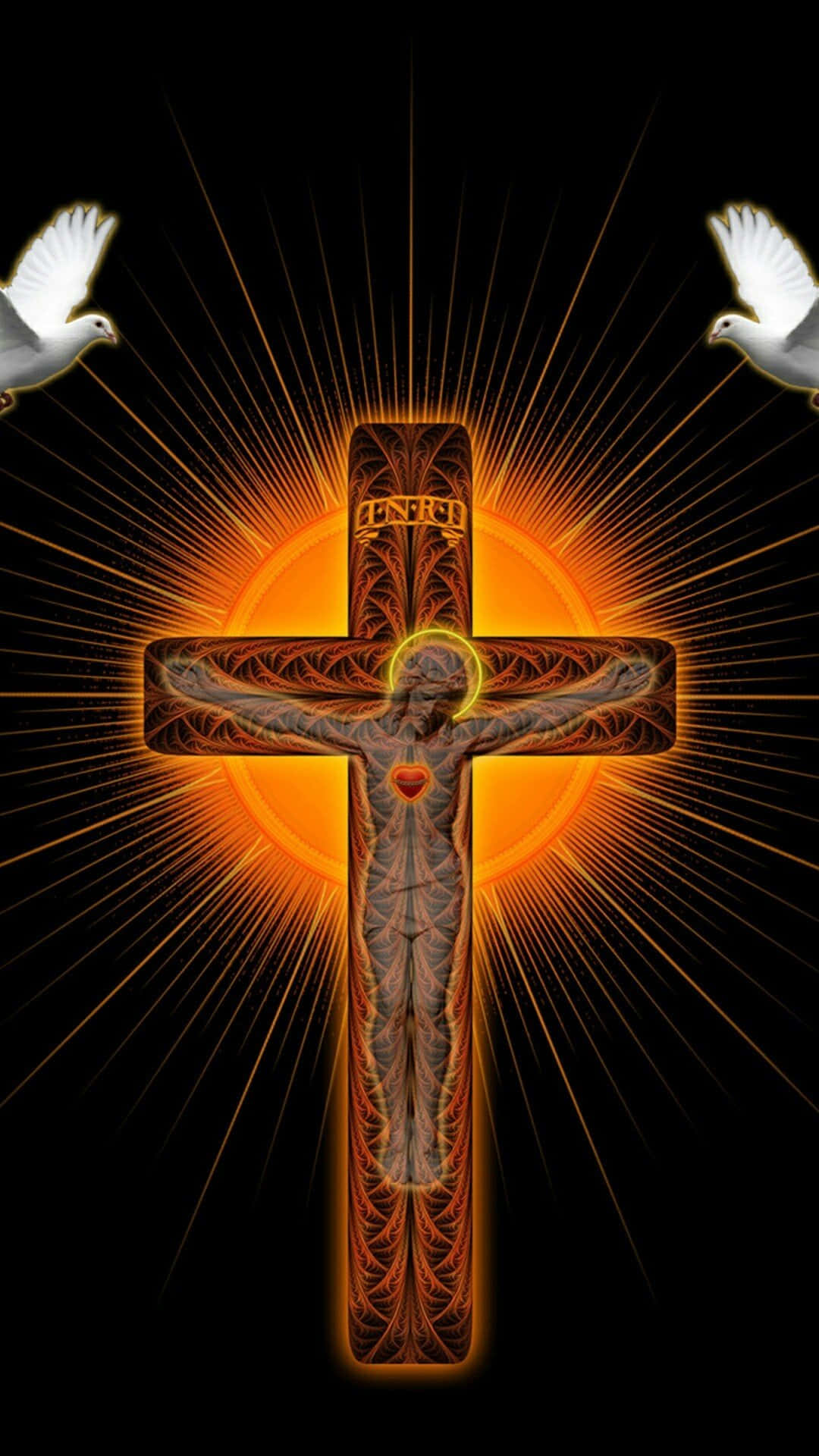 Jesus Crucifixion 桌布 壁紙 — 一個閃耀的十字架，帶有刺青基督像，在黑色背景上發光，兩側有兩隻白鴿和金色光芒。