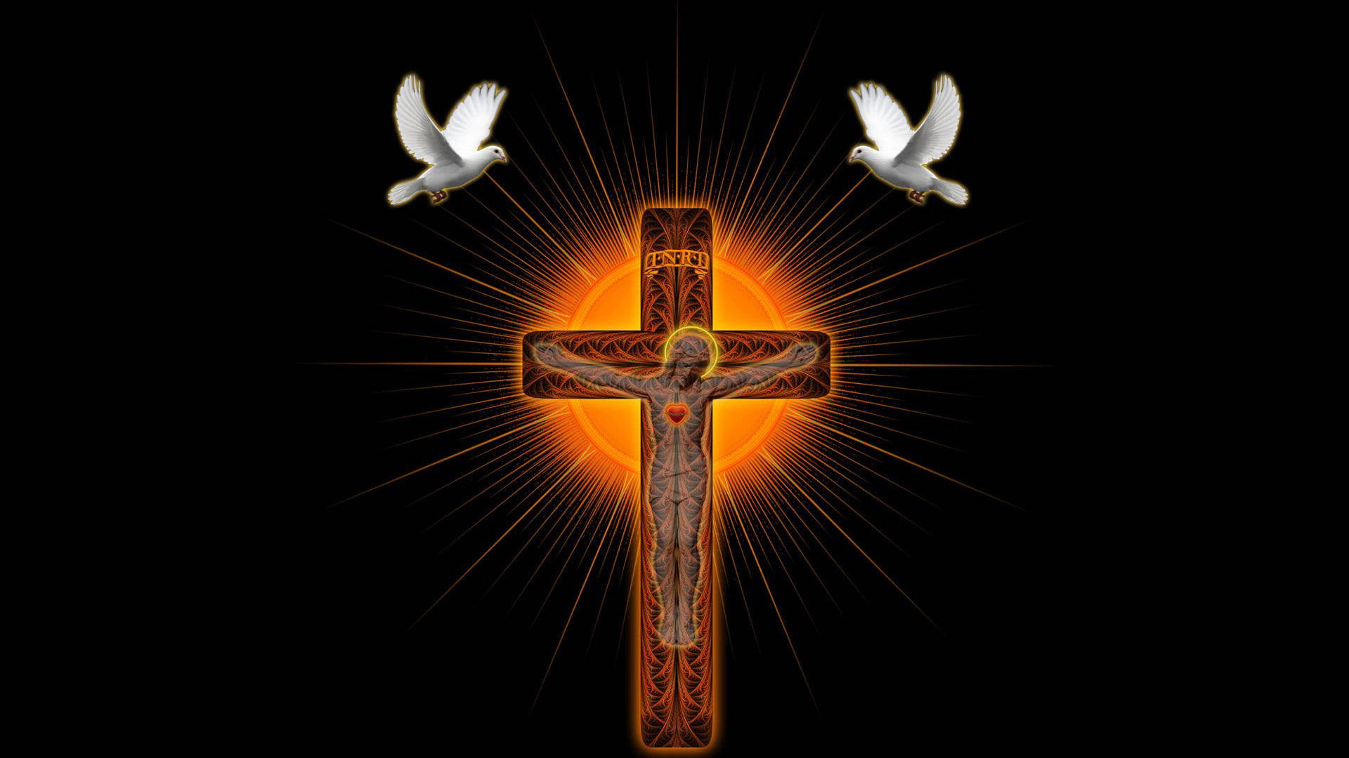 Christ 桌布 壁紙 — 一個閃耀的十字架，耶穌基督在黑暗中發光，兩側有兩隻白鴿飛翔。