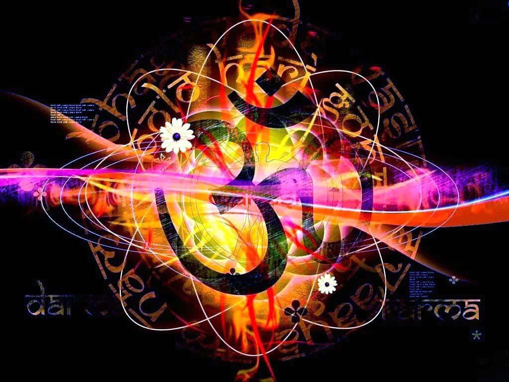 嗡 桌布 壁紙 — 一個閃耀的唵（Om）符號在黑暗背景上以霓虹能量脈動，背景飾有梵文和發光的花卉點綴。