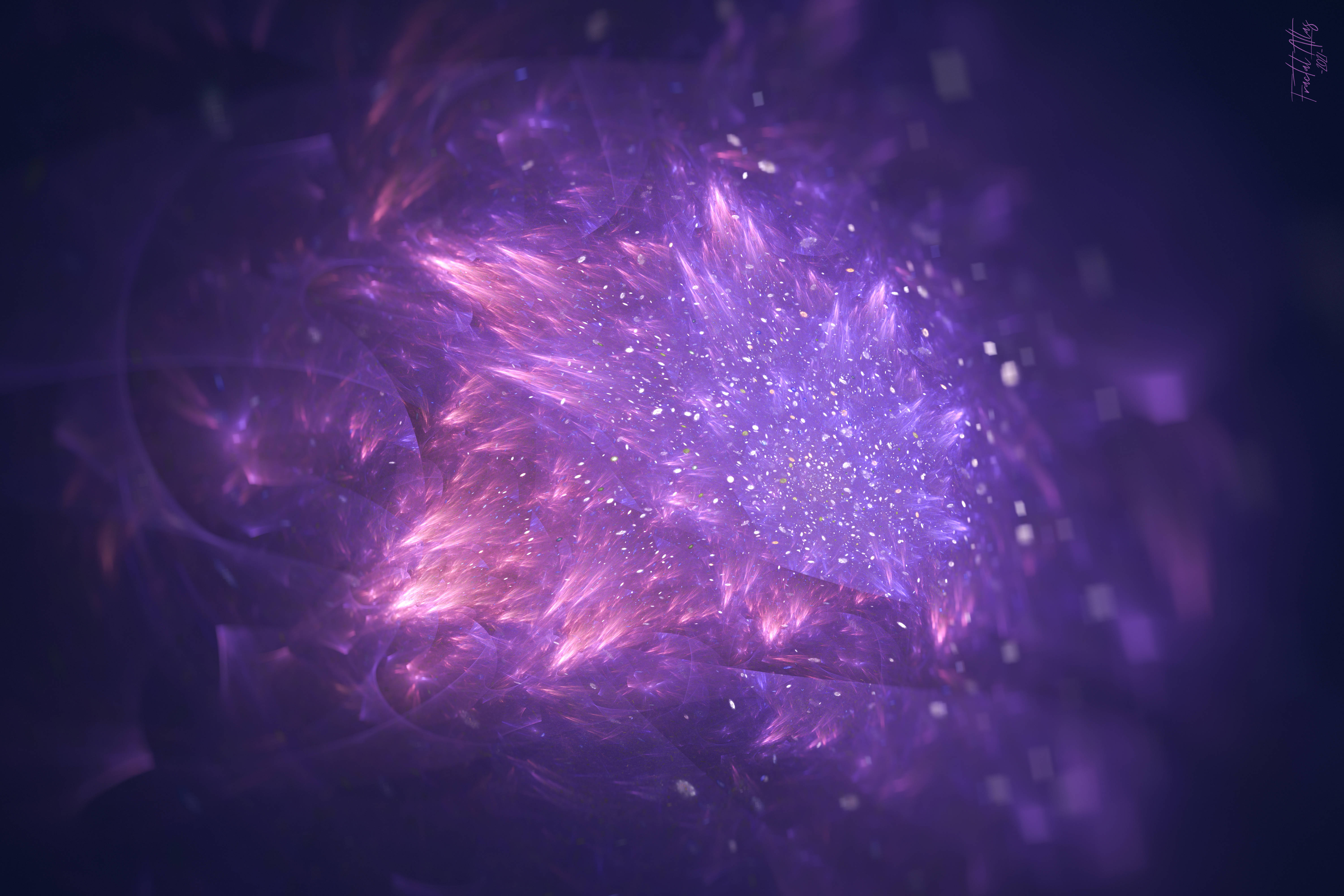 抽象 桌布 壁紙 — 一個閃耀的宇宙星雲在黑暗虛空中爆發，散發出發光的紫色和粉紅色碎形能量。