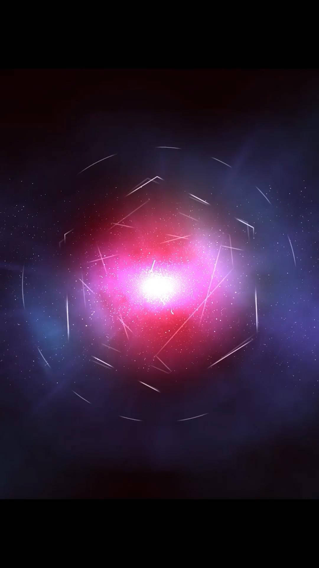 手機 桌布 壁紙 — 一個閃耀的宇宙核心在星光虛空中脈動著粉紅色和紫色的光芒，周圍環繞著發光的幾何線條。