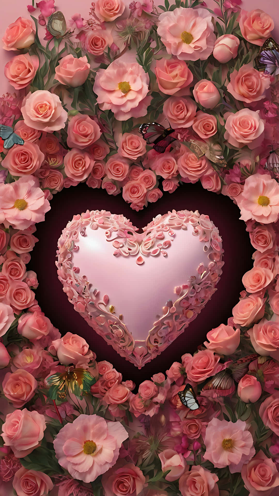 Romantic Valentine's Day Heart Art 壁紙 — 一個閃耀的粉紅色心形，飾以花卉蕾絲，位於由玫瑰和翩翩蝴蝶組成的豐盛花環中央。
