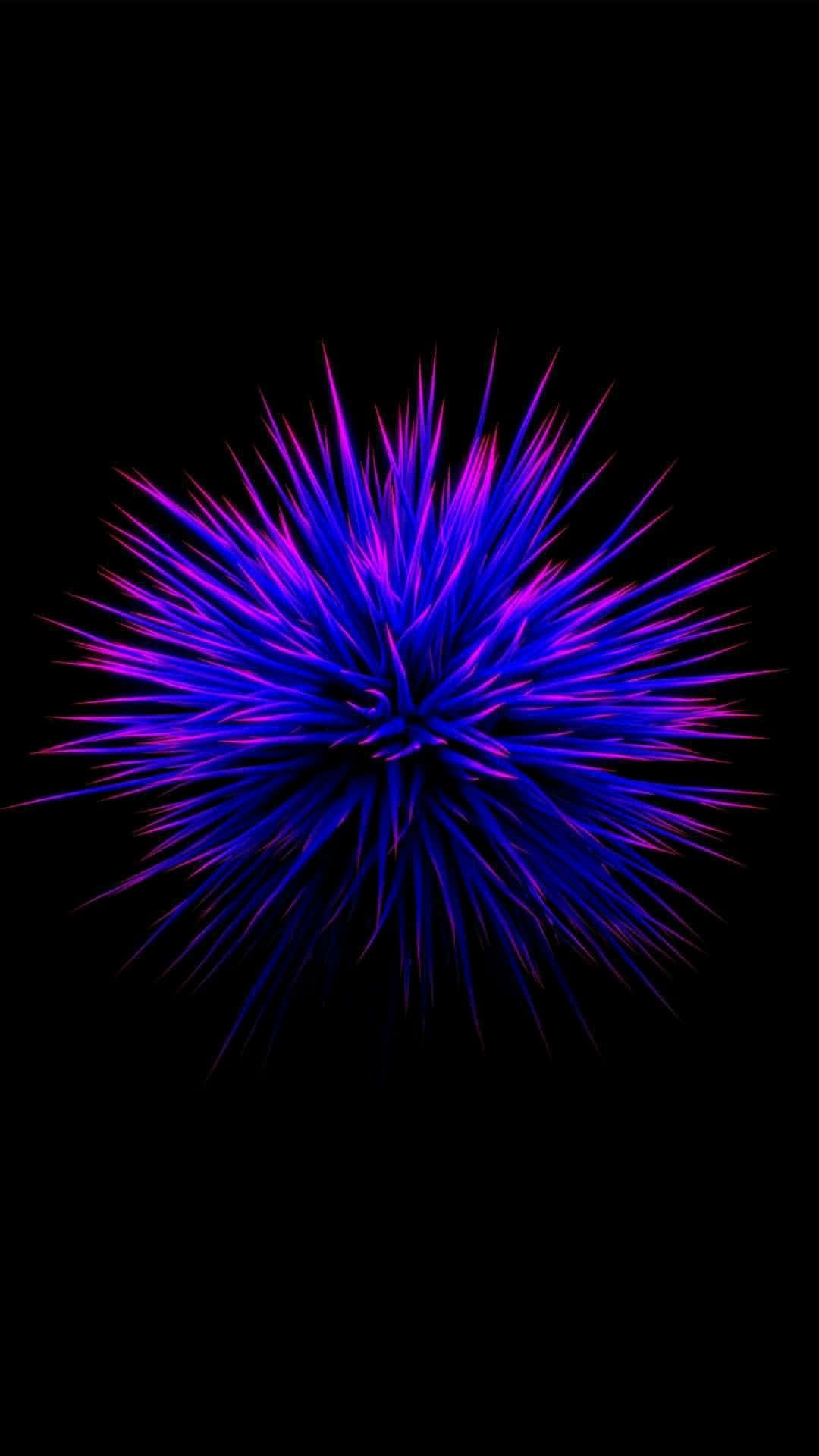 OLED 桌布 壁紙 — 一個閃耀的藍色和紫色尖刺球體在純黑色背景上以電能爆發。