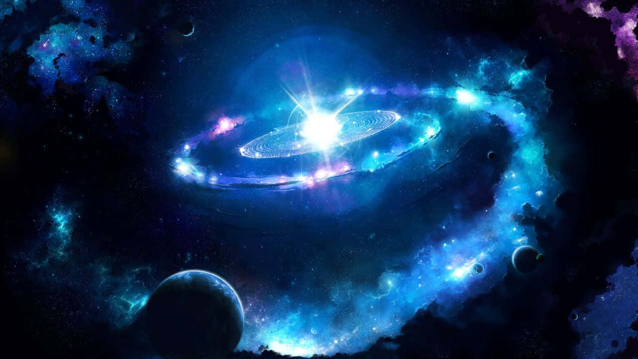 Galaxy Themed Paintings 桌布 壁紙 — 一個閃耀的藍色螺旋星系，帶有發光環和宇宙雲，主宰著繁星點點的夜空，漂浮著行星。