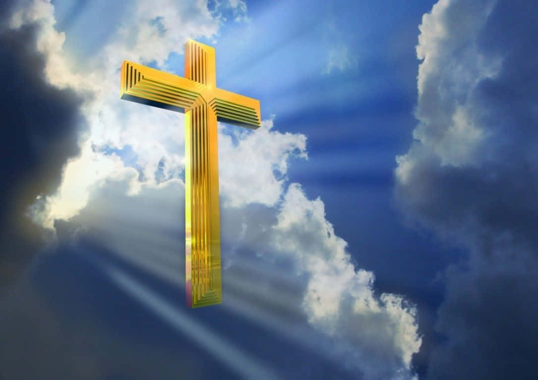 Heaven Rest In Peace 桌布 壁紙 — 一個閃耀的金色十字架漂浮在戲劇性的雲層中，神聖的光束穿透天空。