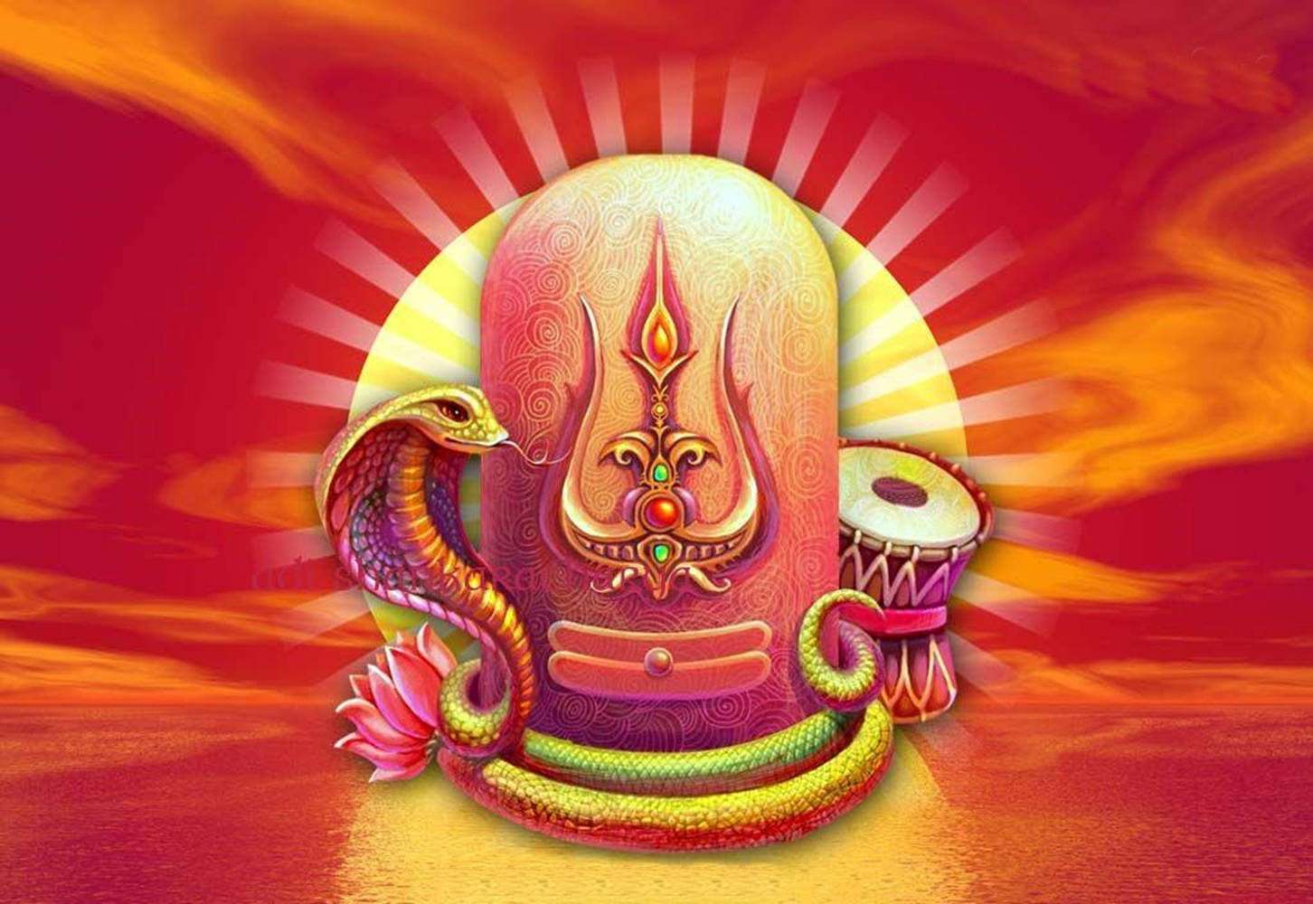Indian 桌布 壁紙 — 一個閃耀的金色手勢符號，飾有複雜圖案，兩側有盤繞的蛇和鼓，背景是火紅的日落天空。