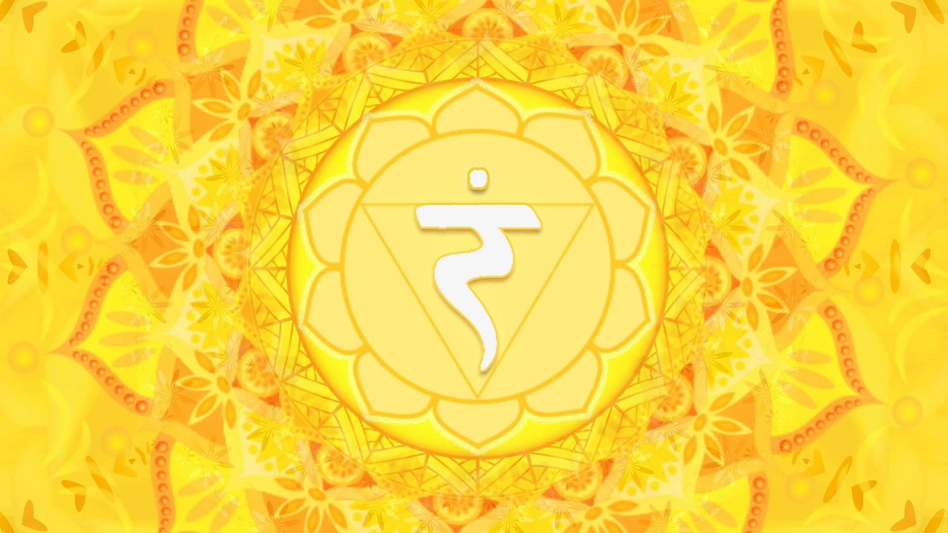 chakra 桌布 壁紙 — 一個閃耀的金色曼陀羅，中心是白色的阿納哈塔脈輪符號，精緻的花卉圖案向外輻射。