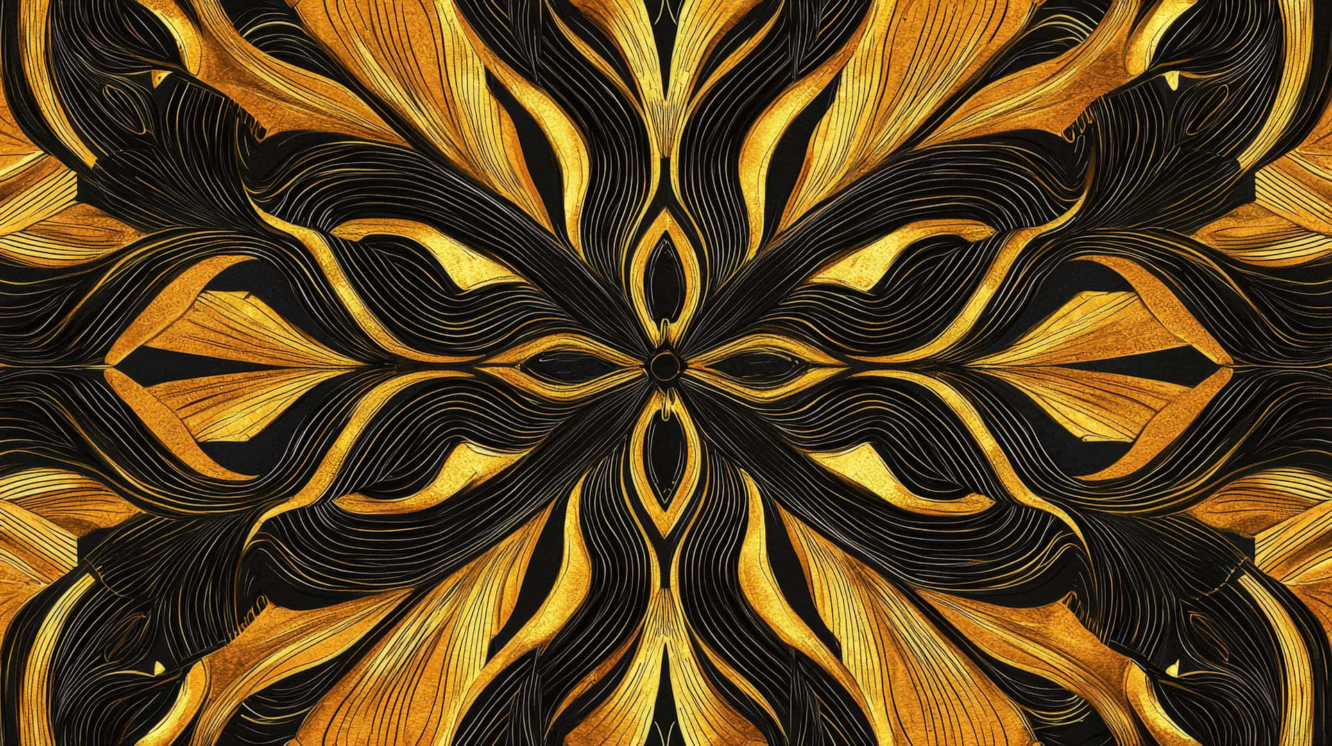 Luxurious Black and Gold Ornamental Abstract Pattern with Symmetric Design 壁紙 — 一個閃耀的金色曼陀羅，帶有複雜的黑色線條，在深色背景上以對稱流暢的圖案向外輻射。