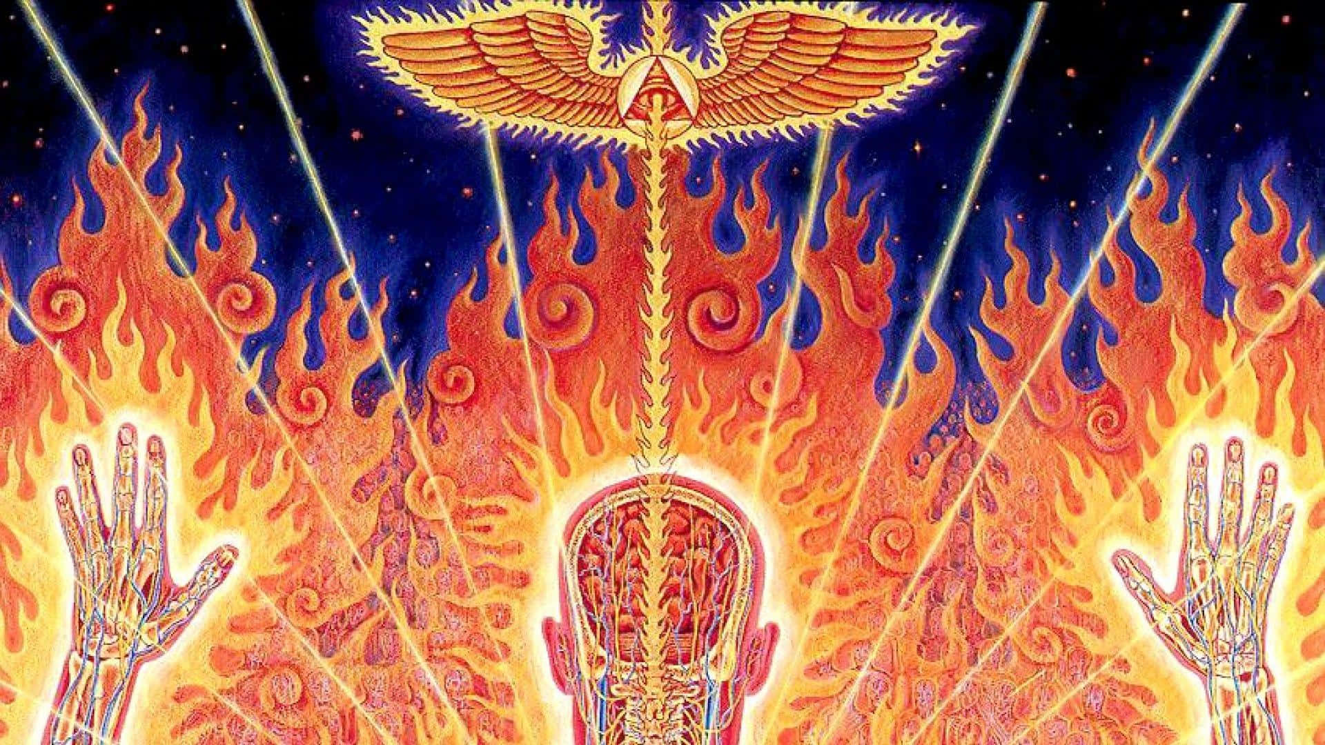 桌布 壁紙 — 一個閃耀的金色有翼身影從星空降臨到一個被旋轉火焰和伸出的手包圍的人類頭顱中。