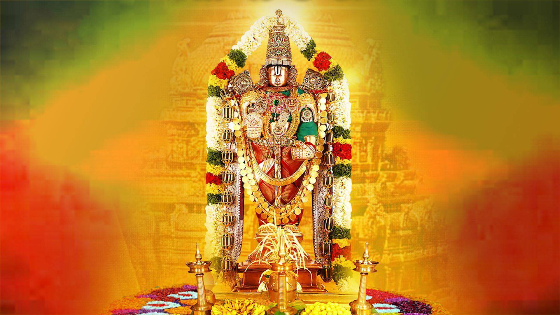 Hindu Temple 桌布 壁紙 — 一個閃耀的金色神祇，飾以鮮花和珠寶，在充滿活力的漸變背景前威嚴地站立。