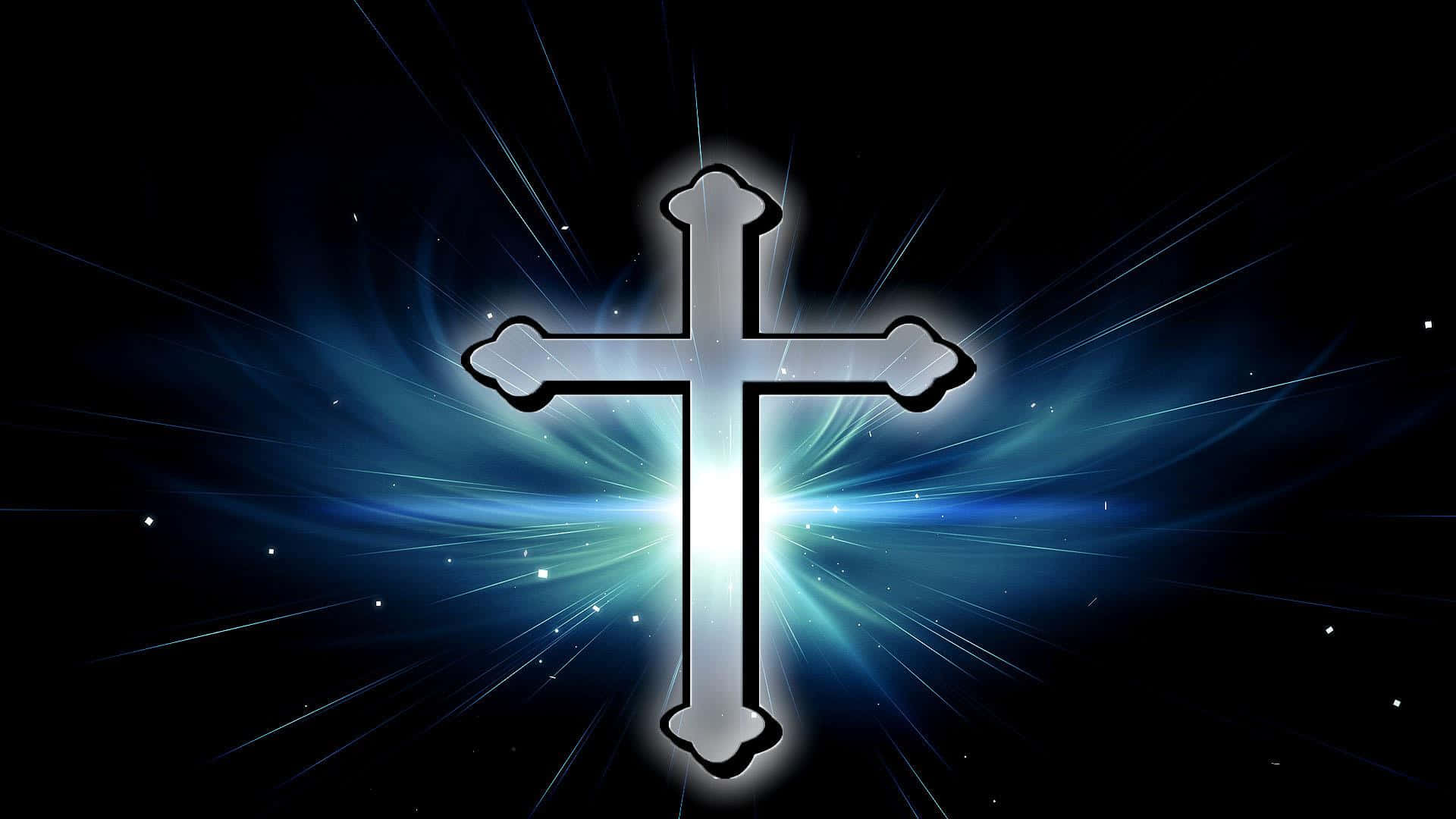 Cool Cross 桌布 壁紙 — 一個閃耀的銀色十字架在繁星點點的黑色背景上發出藍光，並放射出明亮的光芒。
