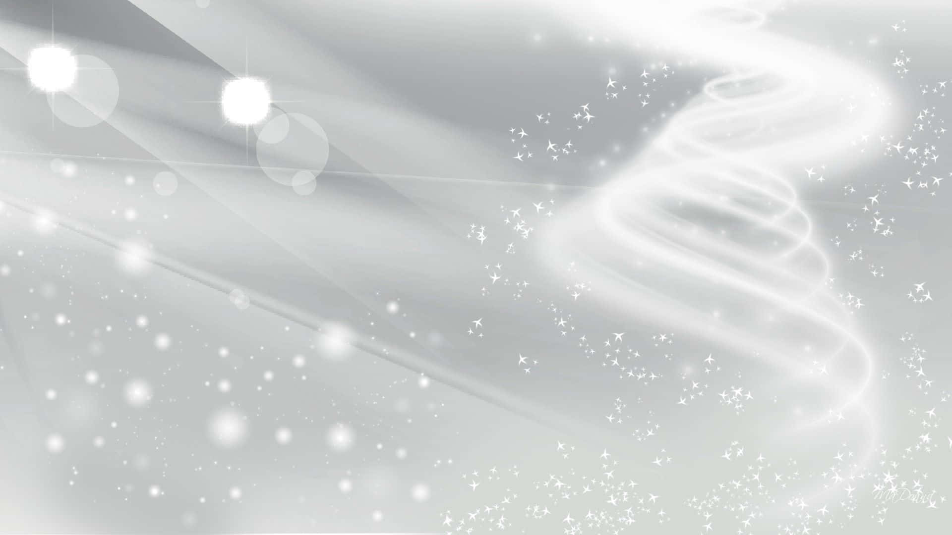 White Glitter 桌布 壁紙 — 一個閃耀的銀色抽象背景，帶有發光的螺旋光跡和閃爍的粒子，在柔和的漸變中飄動。