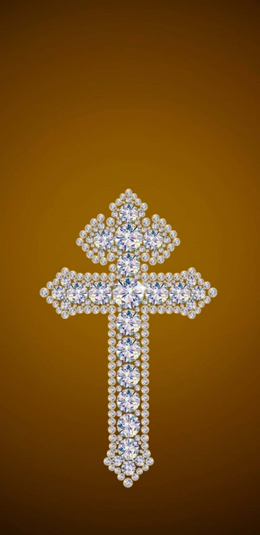 Cross iPhone 桌布 壁紙 — 一個閃耀的鑲鑽十字架在豐富的金色漸變背景上閃爍。
