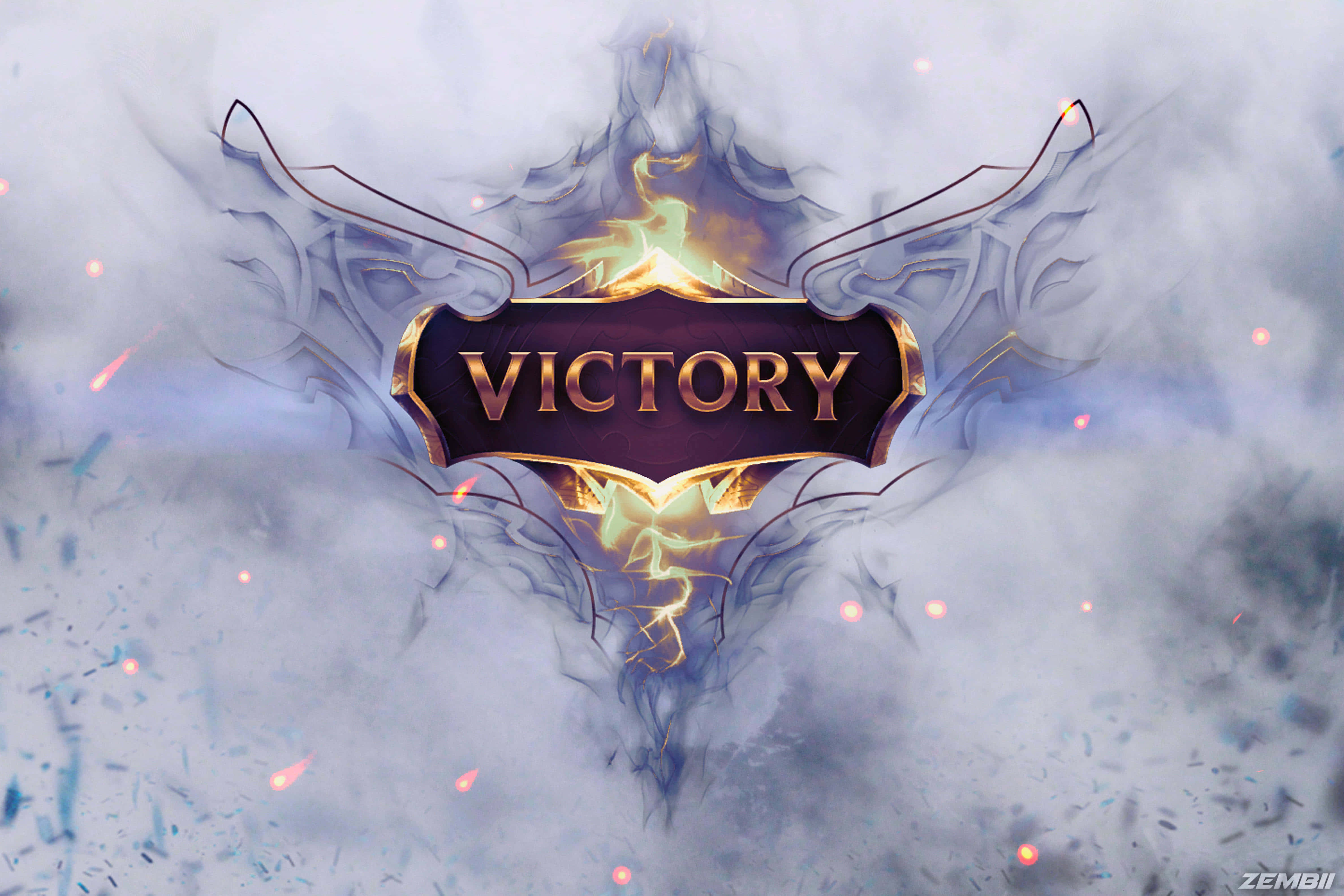 電玩遊戲 桌布 壁紙 — 一個閃耀金色的「VICTORY」標誌，帶有華麗翅膀，從旋轉的霧氣和火花中出現。