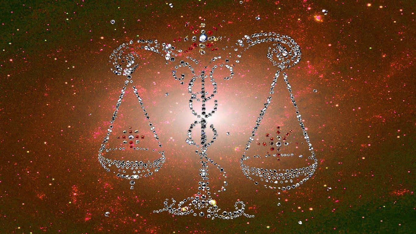 星座 桌布 壁紙 — 一個閃閃發光、鑲滿鑽石的天秤座星座符號漂浮在充滿活力的宇宙星雲背景上。