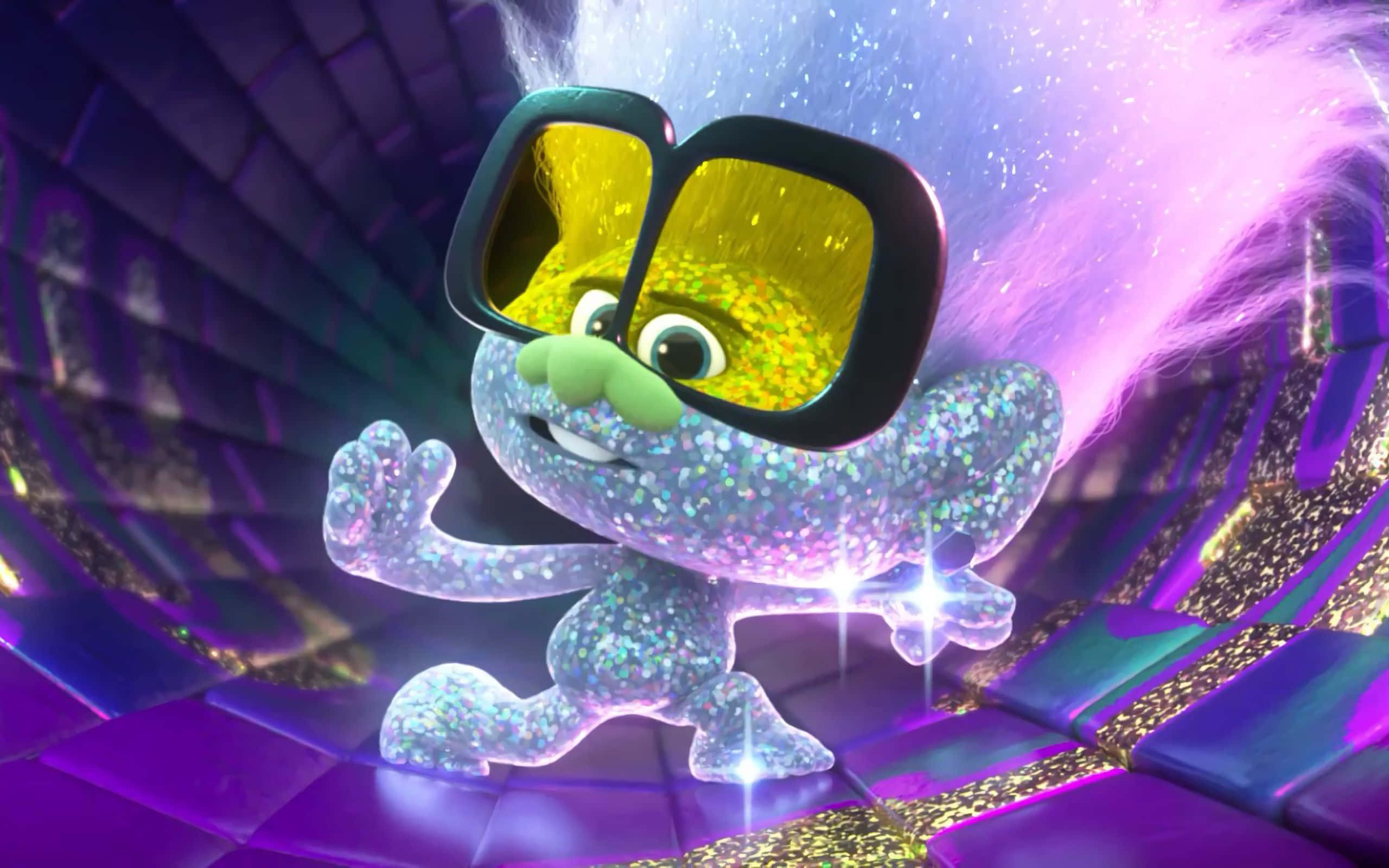 Trolls World Tour 桌布 壁紙 — 一個閃閃發光的動畫巨魔戴著超大太陽眼鏡，在充滿閃爍燈光的紫色隧道中充滿活力地跳舞。