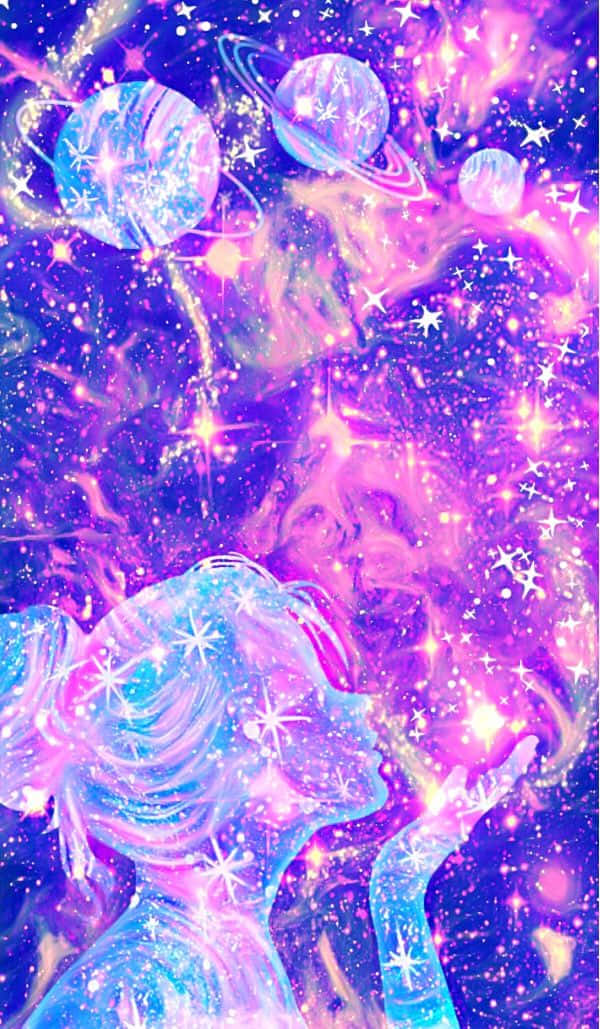 可愛的銀河動圖 桌布 壁紙 — 一個閃閃發光的宇宙女孩，擁有星星般的頭髮，在夢幻的紫色和藍色星系中伸手觸碰漂浮的行星和閃爍的星雲。