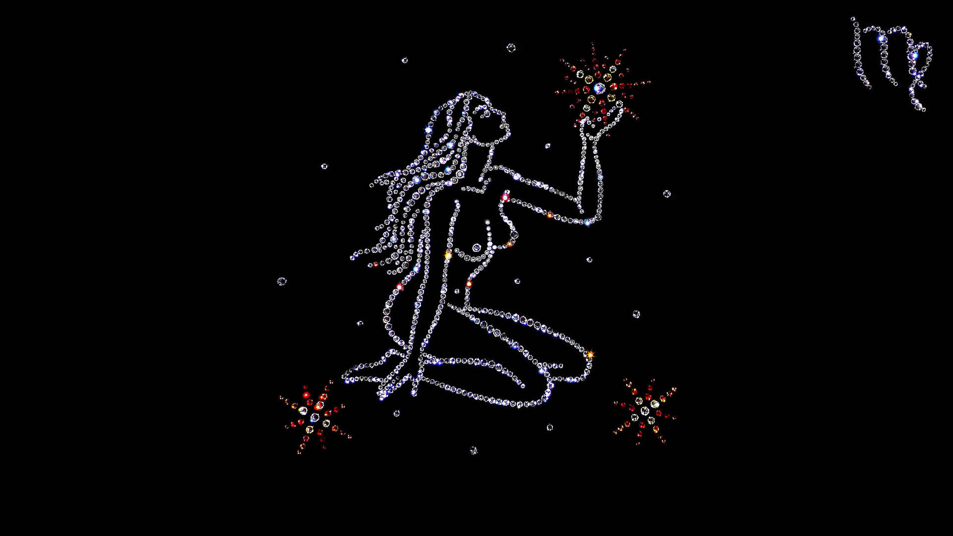 zodiac 桌布 壁紙 — 一個閃閃發光的寶石輪廓，描繪一位跪著的女子手持星星，背景為黑色，散落著星星和天秤座符號。