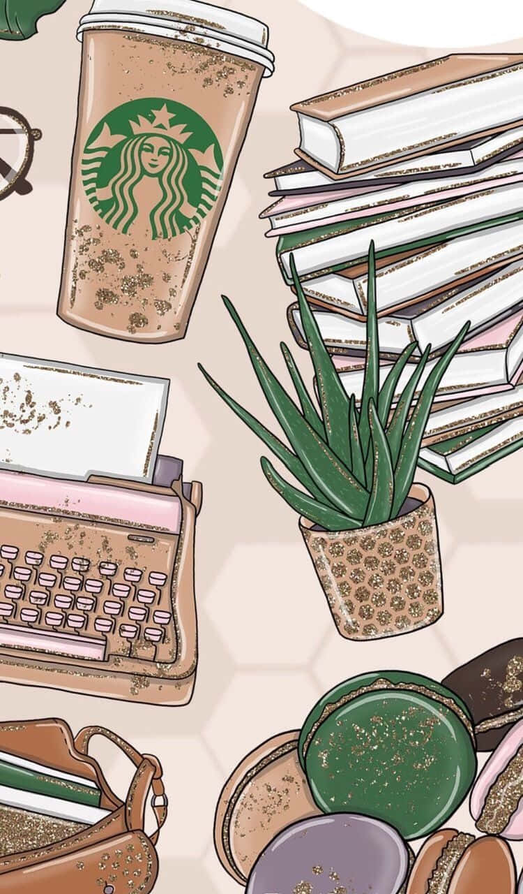 Aesthetic Starbucks 桌布 壁紙 — 一個閃閃發光的插圖拼貼畫，包含星巴克杯、復古打字機、書籍、蘆薈植物和馬卡龍，採用柔和粉彩調。
