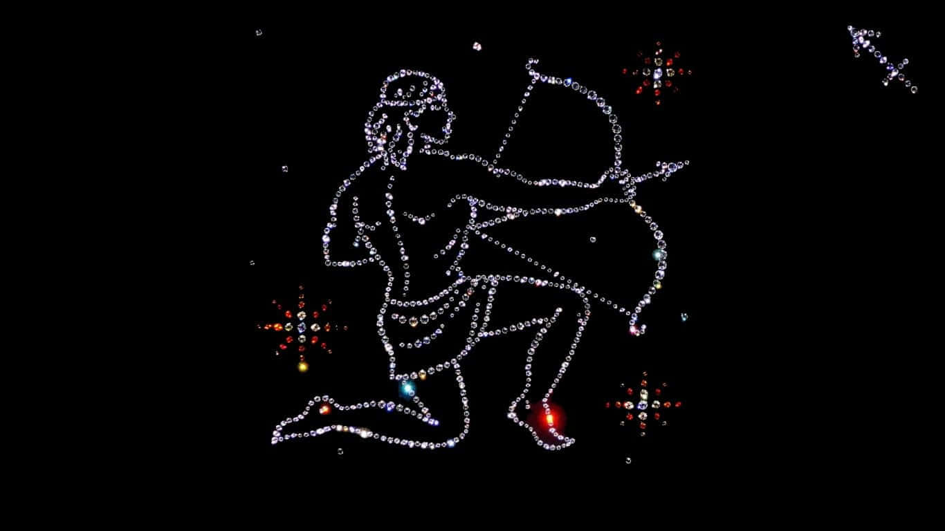 Sagittarius Aesthetic 桌布 壁紙 — 一個閃閃發光的水鑽人馬座弓箭手圖案，以銀色寶石勾勒輪廓，黑色背景上綴有彩色星爆。
