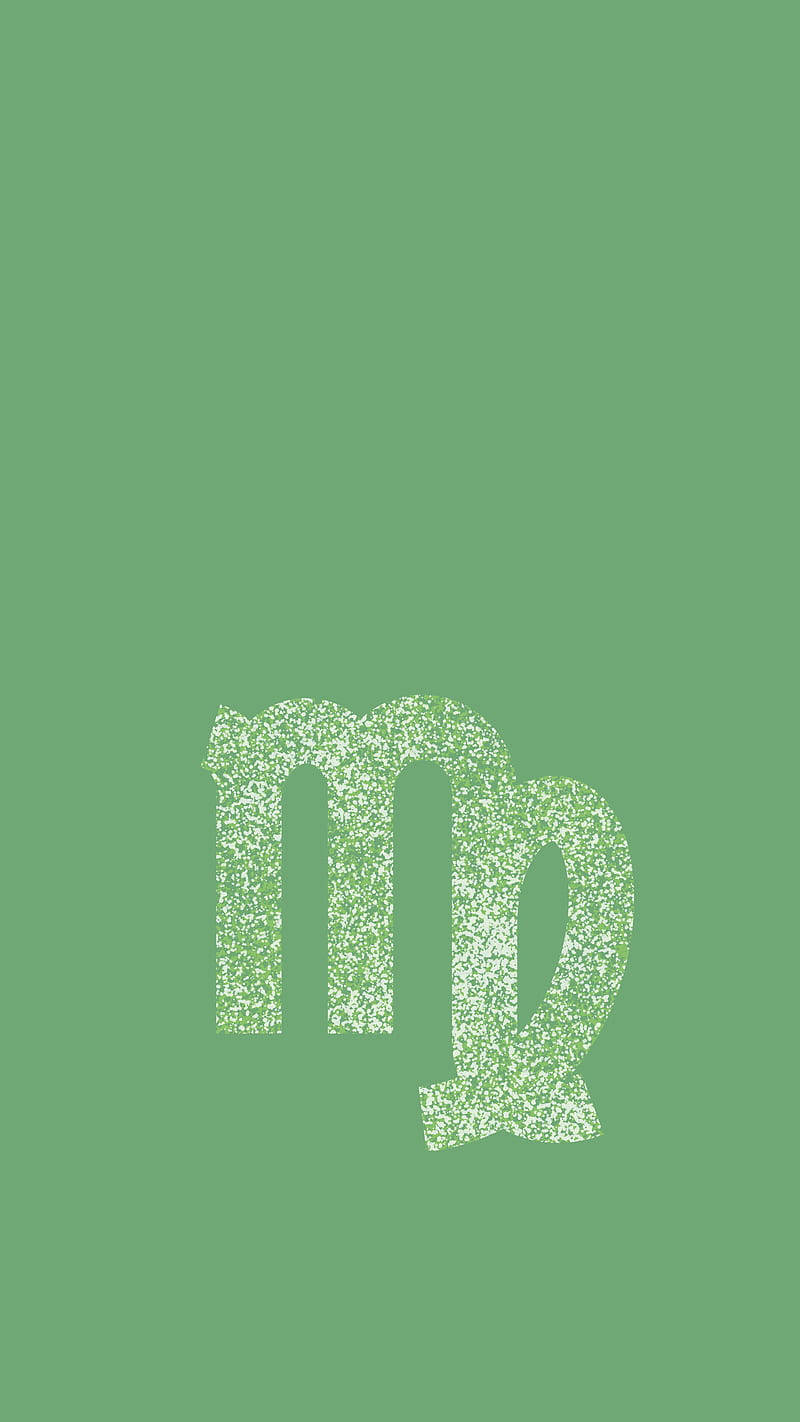 Virgo 桌布 壁紙 — 一個閃閃發光的淺綠色摩羯座符號，居中放置在純鼠尾草綠色背景上。