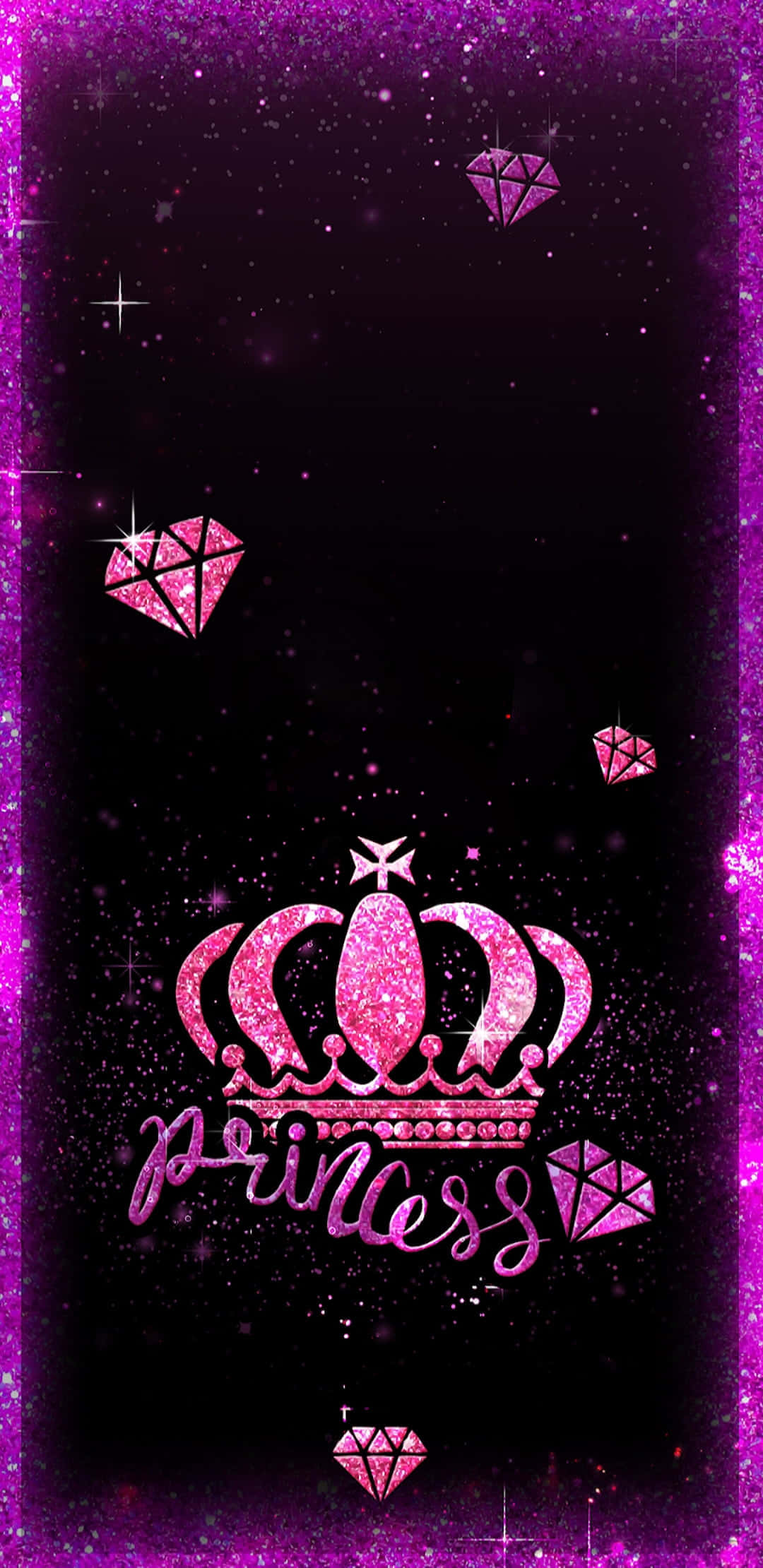 Princess Crown 桌布 壁紙 — 一個閃閃發光的粉紅色皇冠，上面有公主字樣，在深紫色星空背景中漂浮在閃爍的鑽石之間。