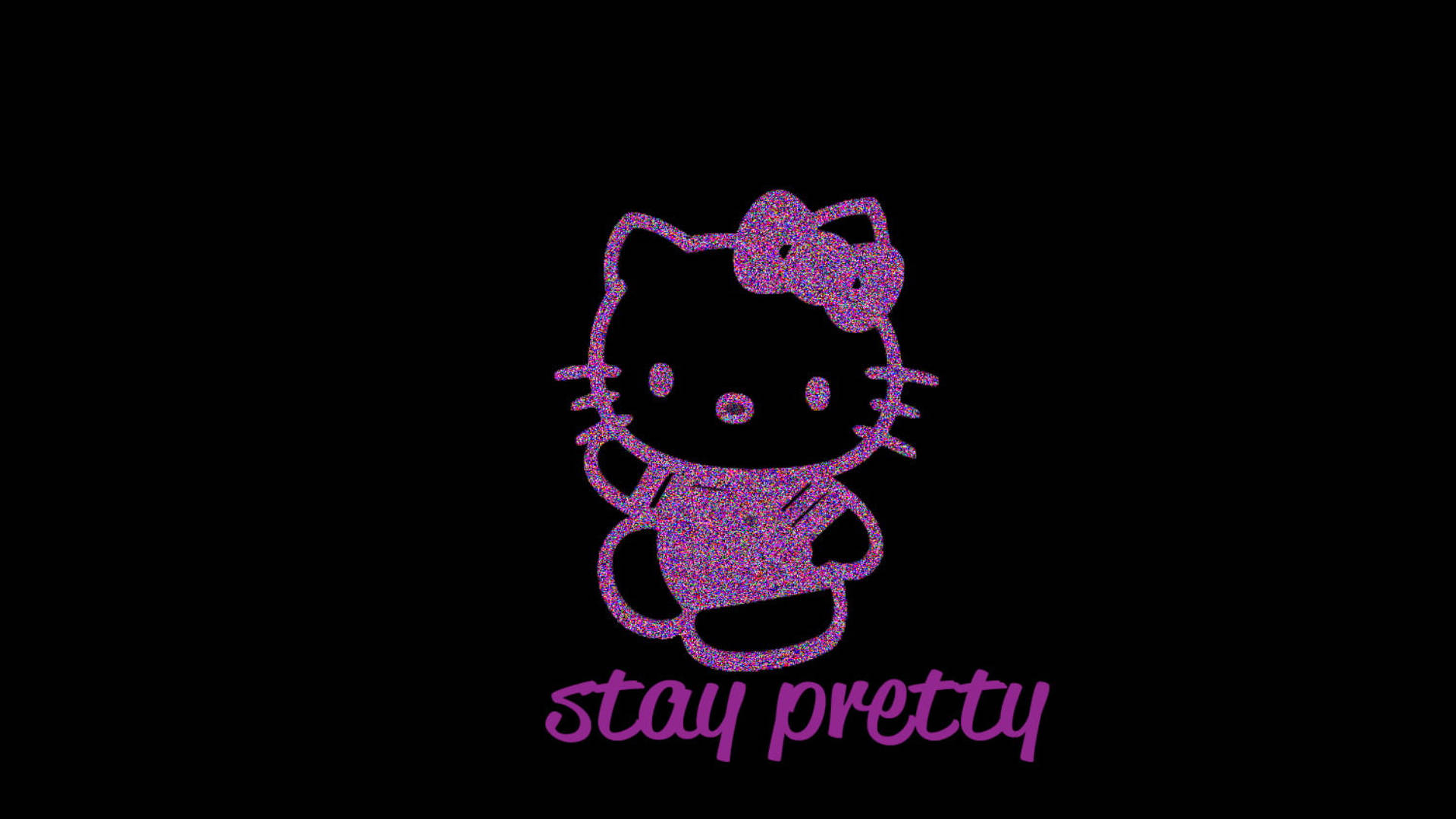 Kitty 桌布 壁紙 — 一個閃閃發光的紫色Hello Kitty角色，帶有蝴蝶結和「stay pretty」文字，背景為黑色。