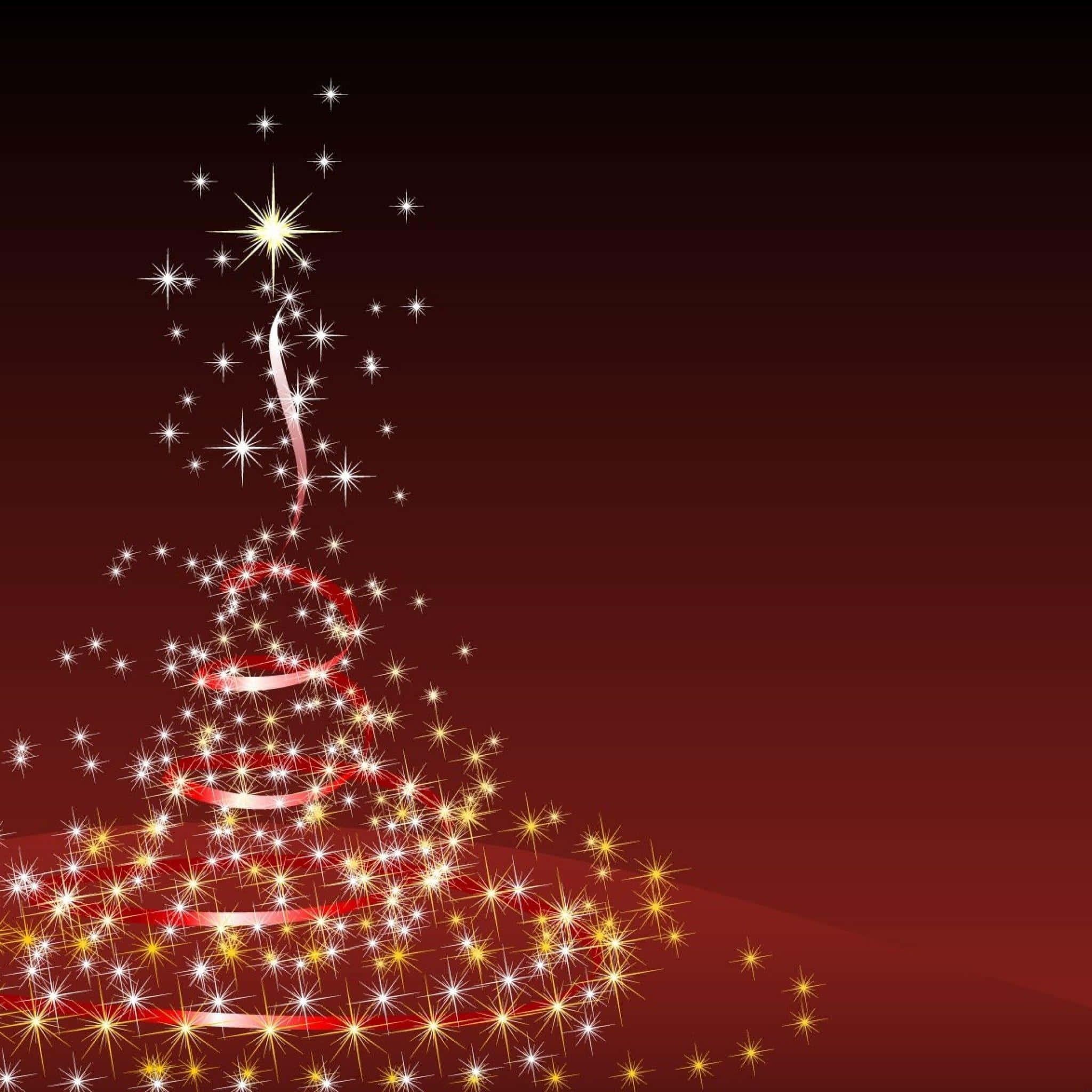 Christmas Card 桌布 壁紙 — 一個閃閃發光的聖誕樹，由金色和白色的星星螺旋向上，背景是深紅色漸變。