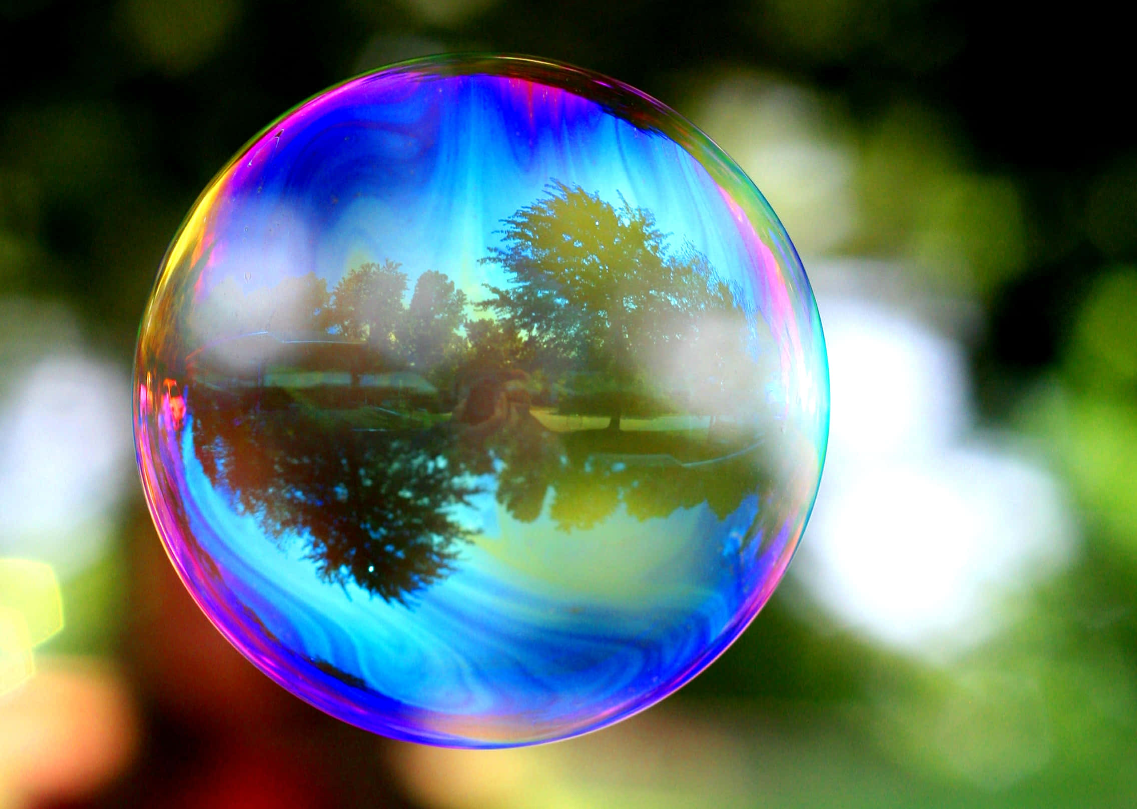 Bubble 桌布 壁紙 — 一個閃閃發光的肥皂泡在模糊的綠色背景上反射出樹木和天空，帶有藍色、紫色和綠色的虹彩。
