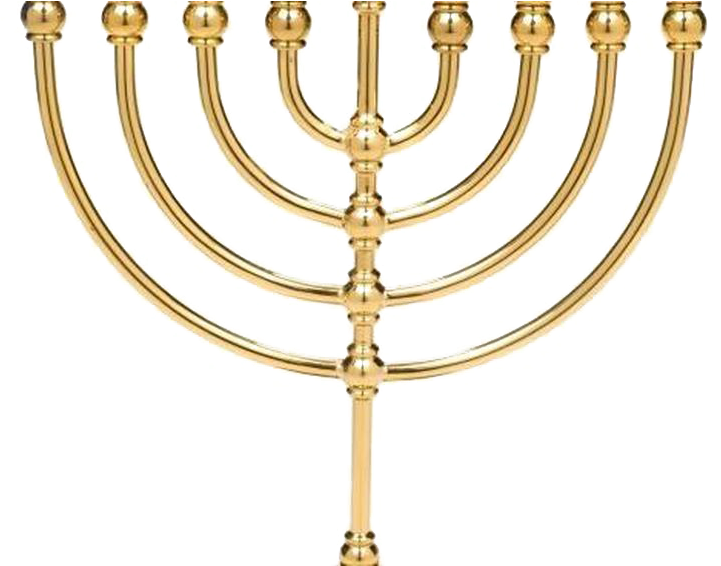 Menorah 桌布 壁紙 — 一個閃閃發光的金色九枝燈台，孤立在純黑色背景上。