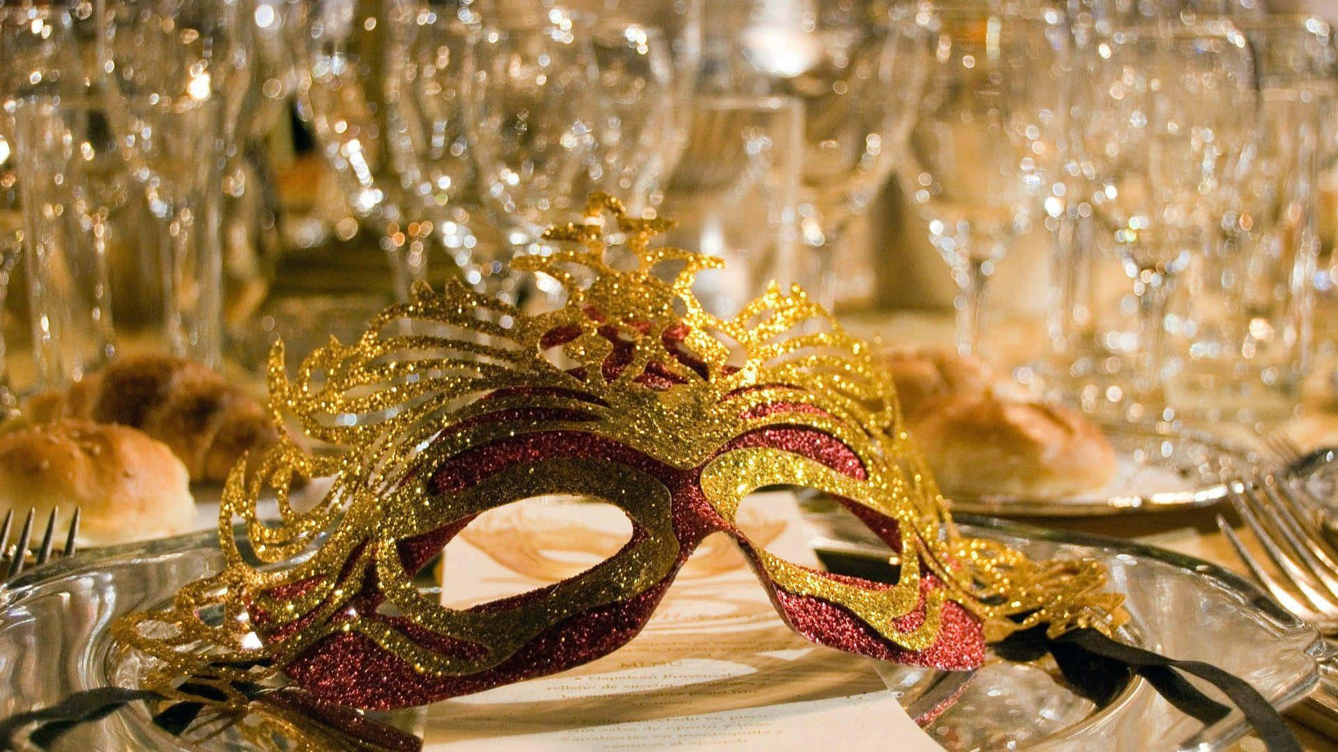 Mardi Gras 桌布 壁紙 — 一個閃閃發光的金色和紅色威尼斯面具優雅地放在一個擺有水晶杯和銀器的正式餐桌上。