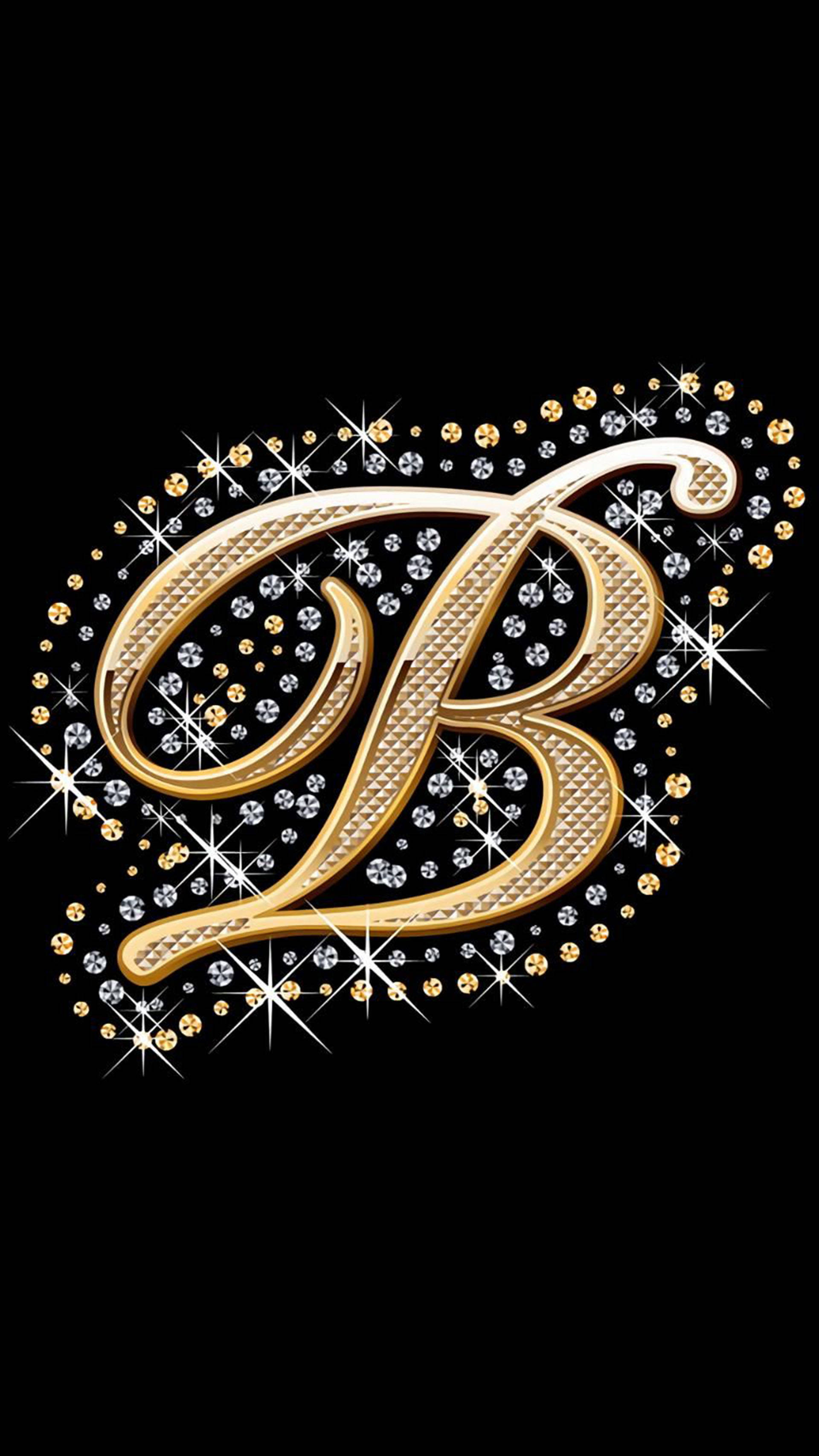 字母B 桌布 壁紙 — 一個閃閃發光的金色字母B，飾有鑽石和閃光，背景為黑色。