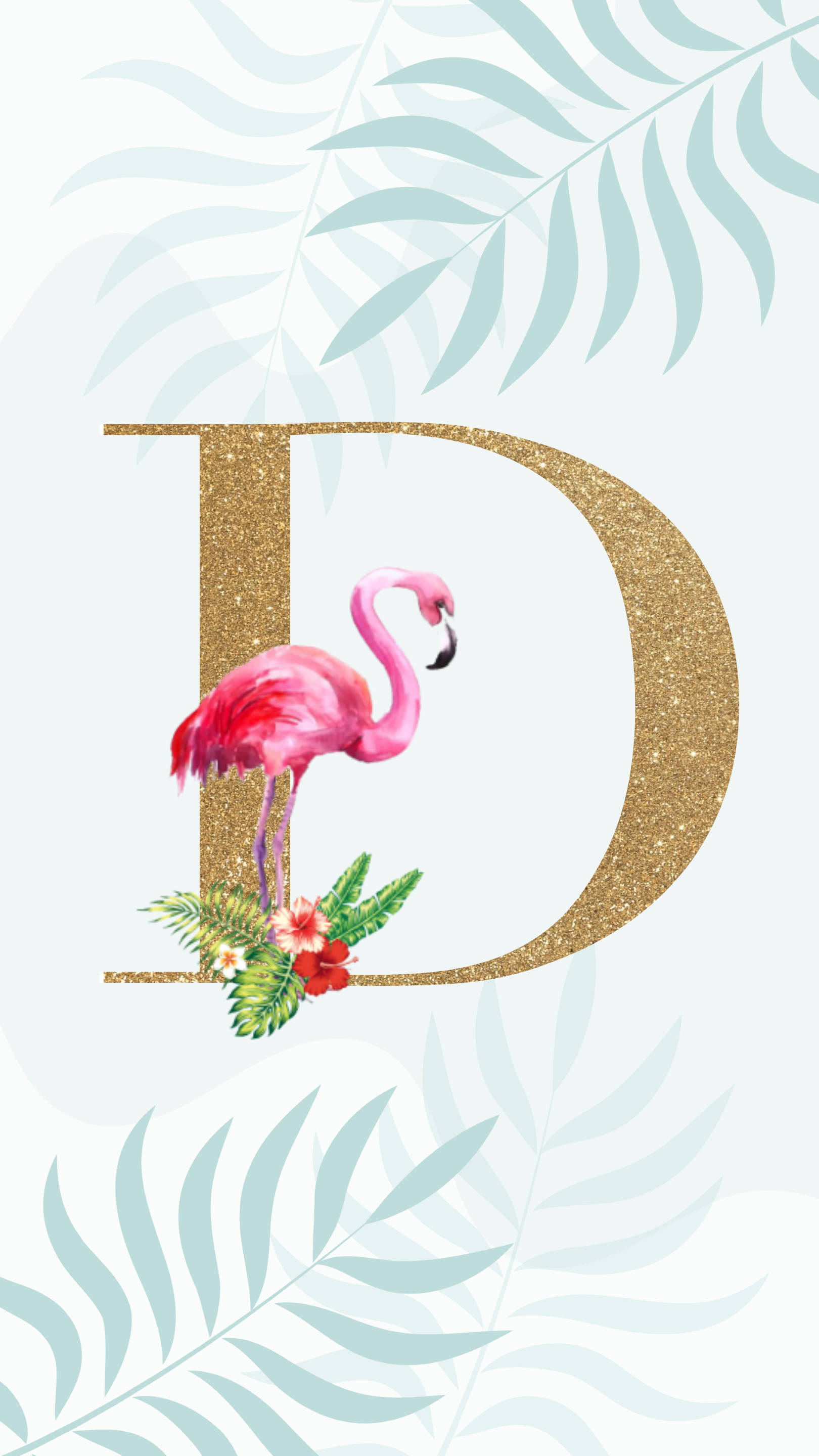 火鶴 桌布 壁紙 — 一個閃閃發光的金色字母D在淺藍色背景上，在熱帶樹葉和花朵之間托著一隻粉紅色火烈鳥。