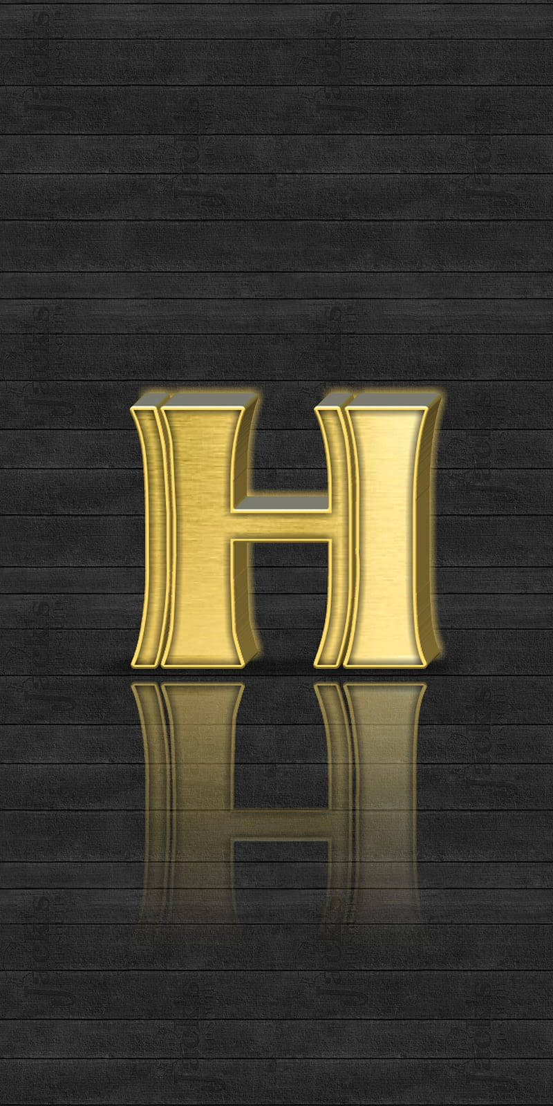 H 桌布 壁紙 — 一個閃閃發光的金色字母H，帶有反光表面，在深色紋理木質背景上大膽矗立。
