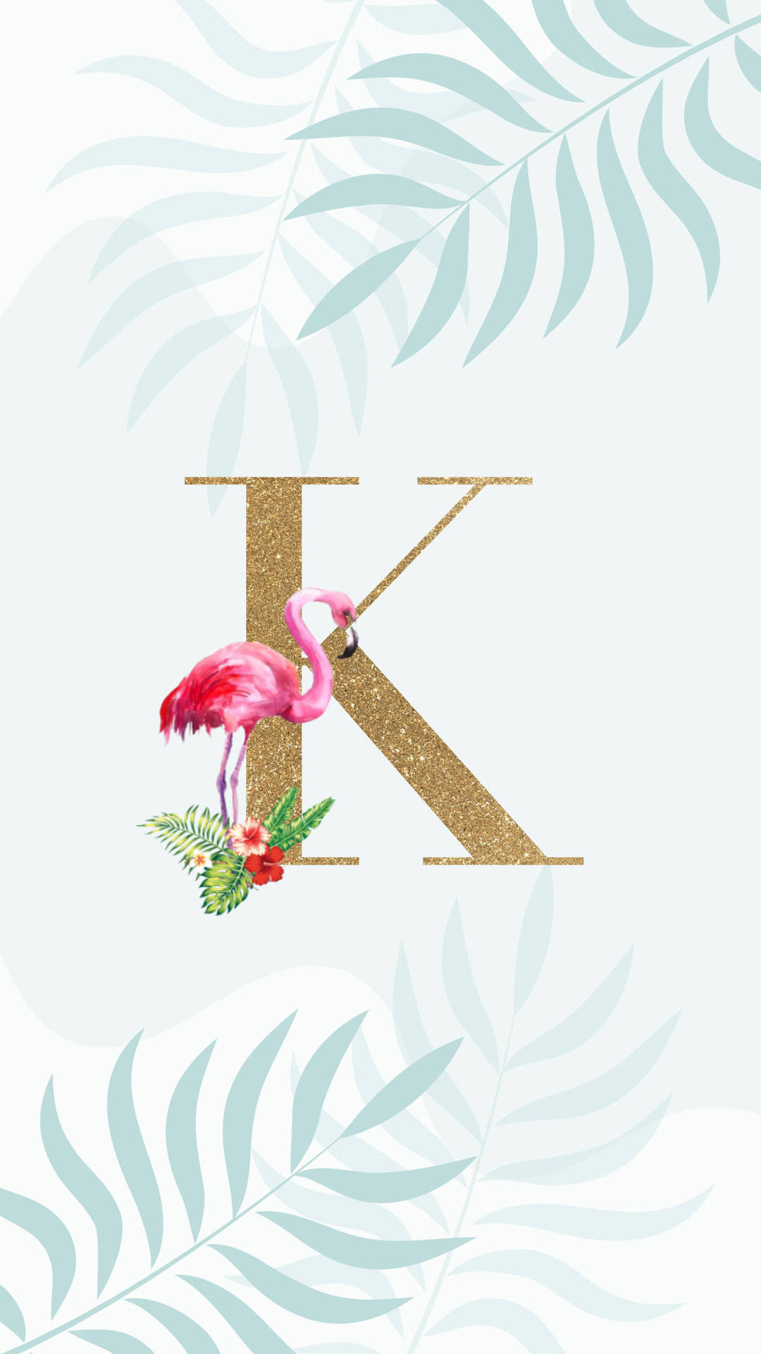 粉紅色火鶴棲息在字母K上，周圍有熱帶花卉和棕櫚葉。 — 字母K動圖 壁紙