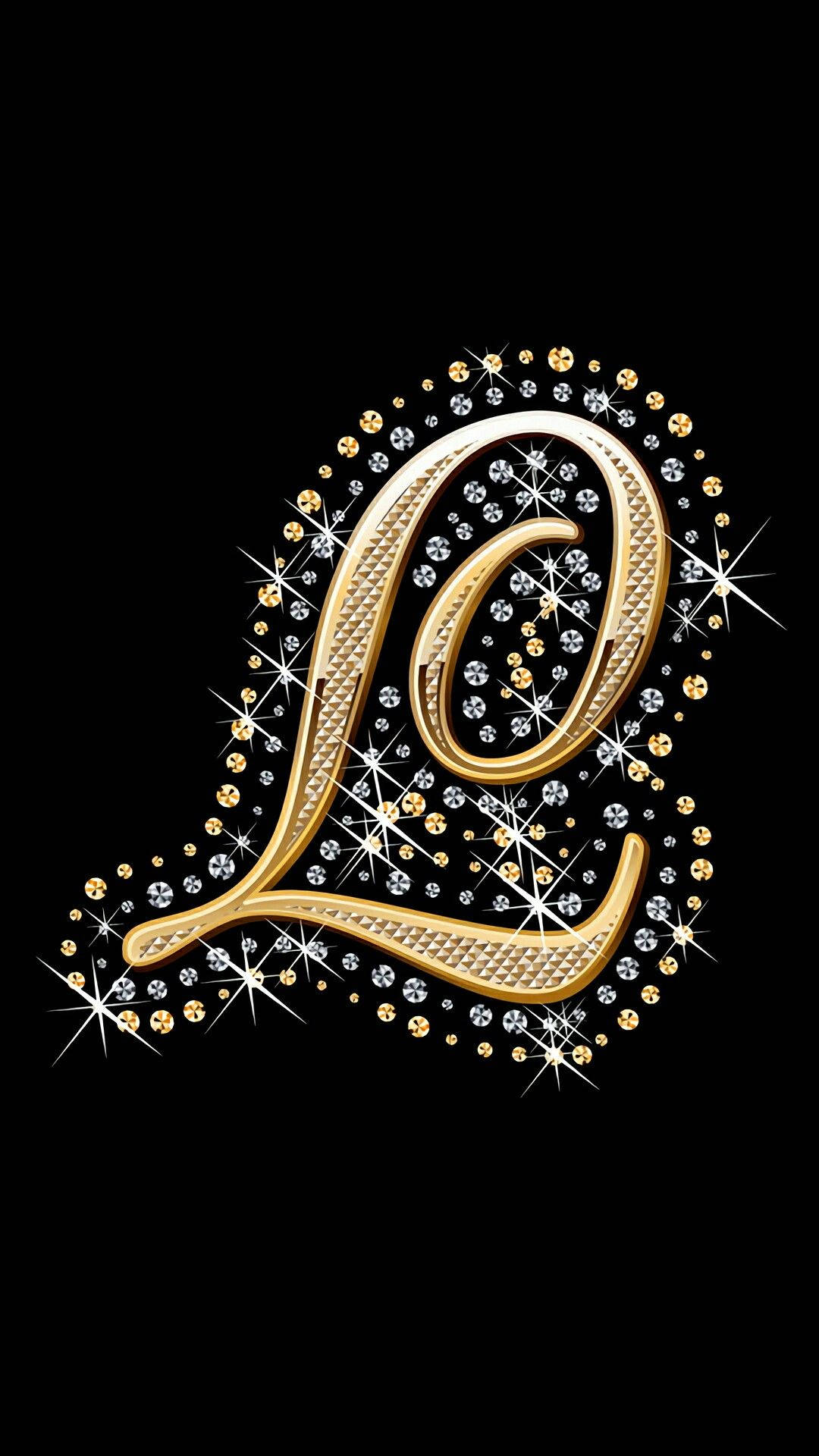字母 L 桌布 壁紙 — 一個閃閃發光的金色字母L，飾有鑽石和閃光，背景為黑色。